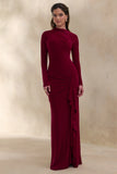 Karessa Berry High Neck Maxi Dress With Gathered Detailing And Front High Split