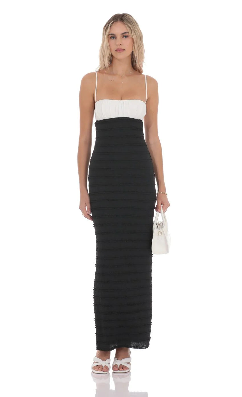 Two Toned Frill Maxi Dress in Black and White