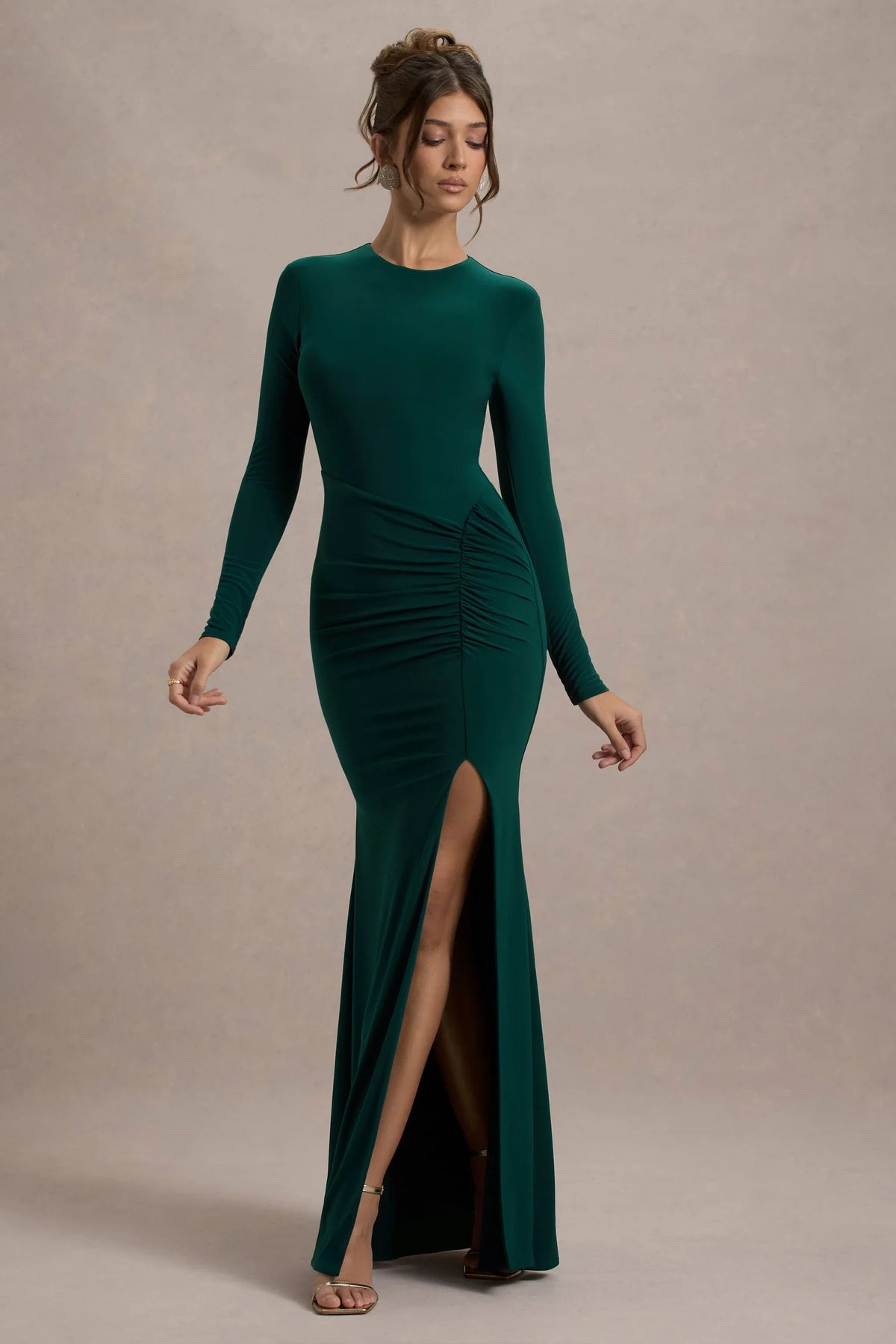 Leslie Bottle Green Long Sleeve Twisted Split Maxi Dress