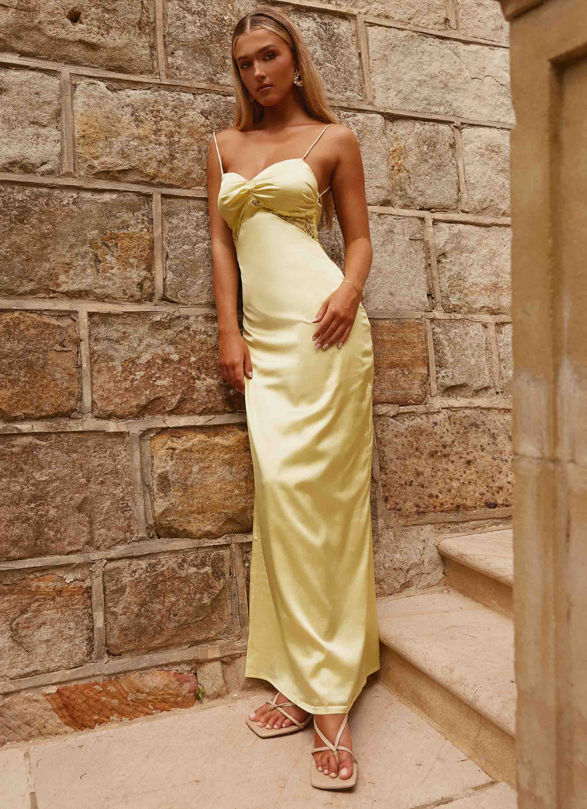 Dream Sight Lace Satin Maxi Dress Lemon