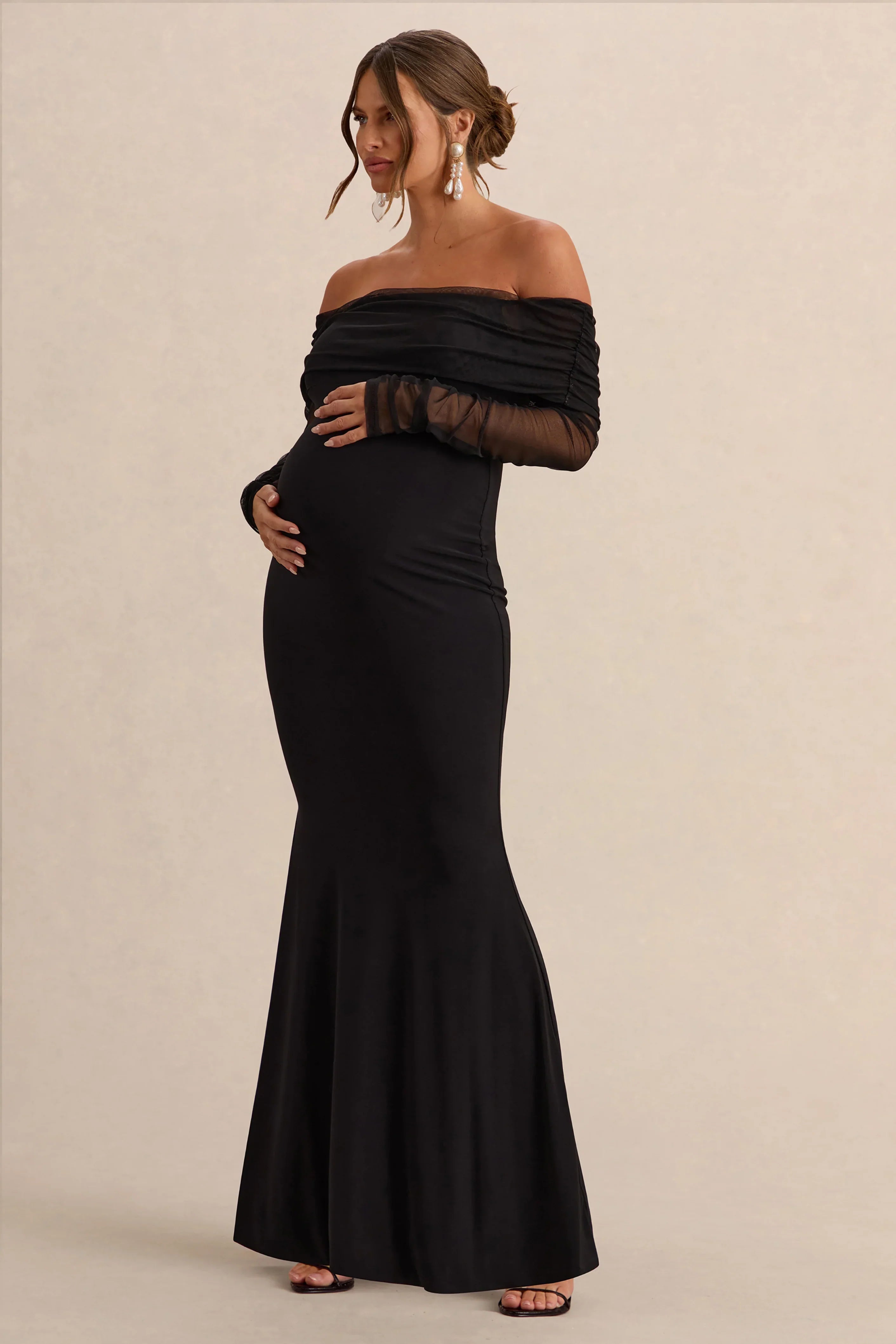 Pretty Perfect Black Maternity Bardot Neck Maxi Dress