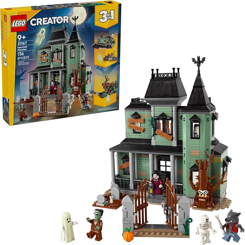 LEGO Creator 3 in 1 Haunted Mansion Building Toy for Kids Halloween Building Blocks Learning Toy for Girls Boys Ages 9 Build a Haunted House Train or Ship Gift for Birthdays 31167