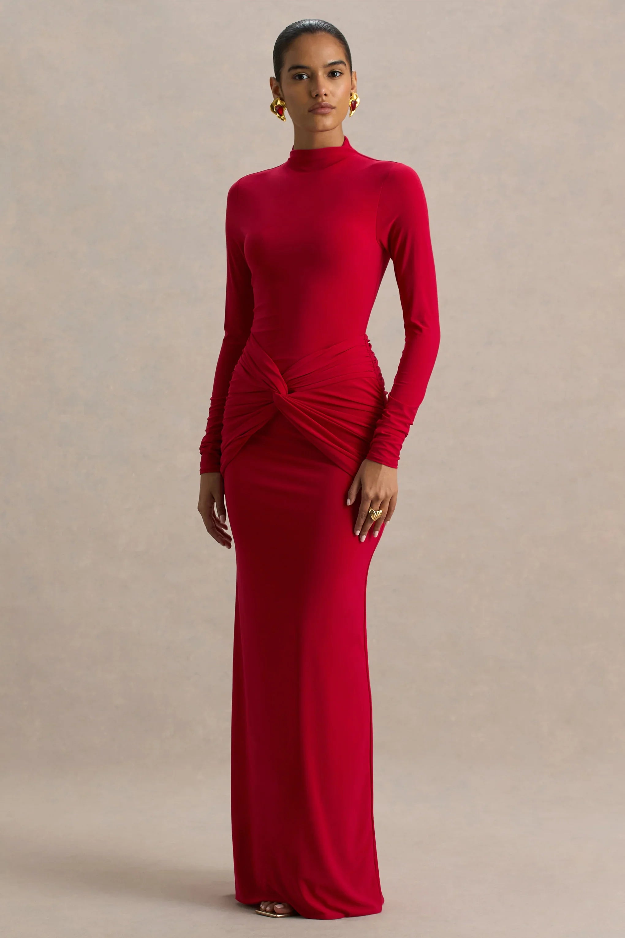 Alula Red High Neck Maxi Dress With Twist Detail