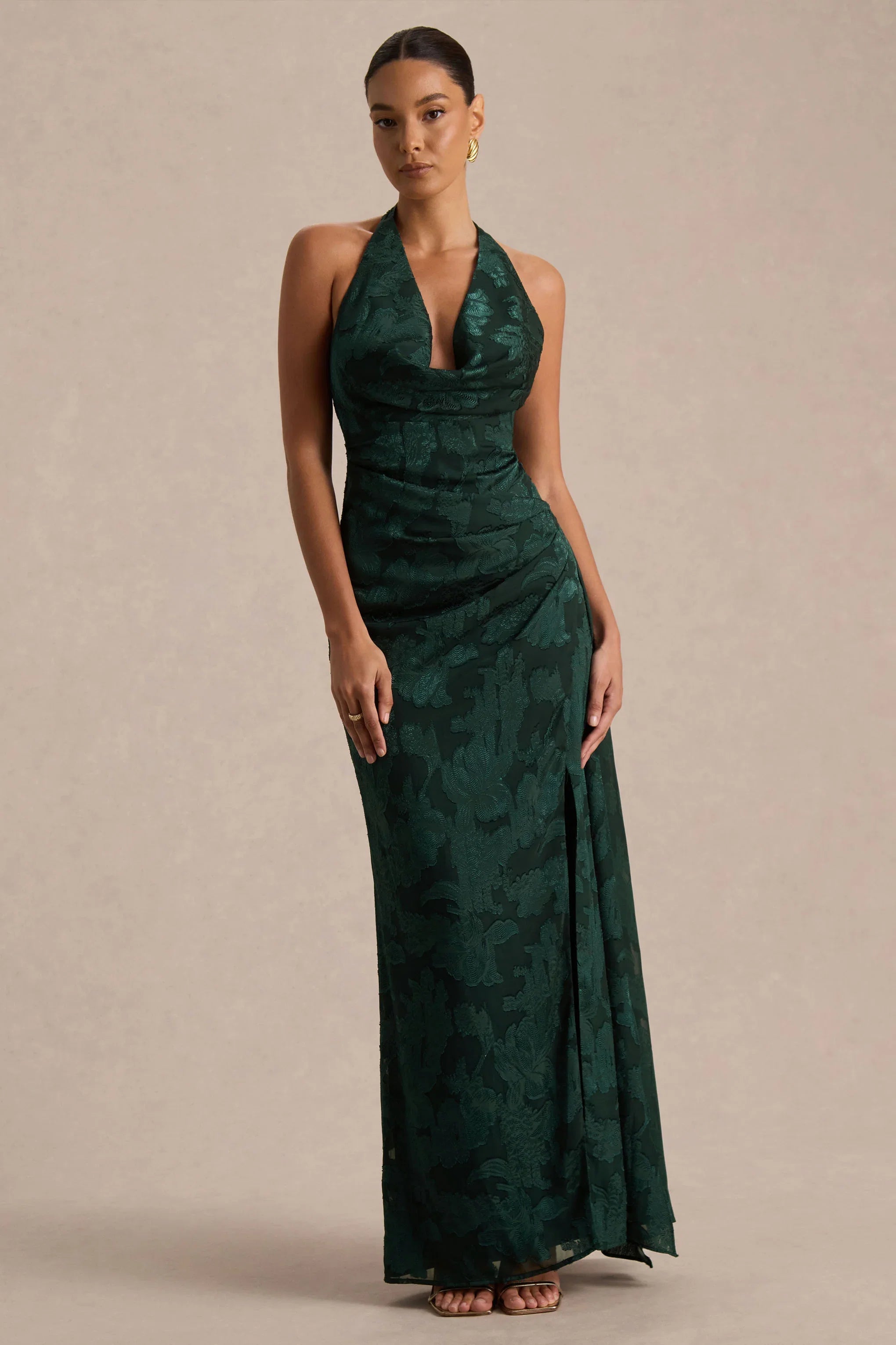 Talula Dark Green Extreme Cowl Neck Maxi Dress With Sash And Front High Split
