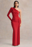 Anne Red Asymmetric Neck Wrapped Maxi Dress With Sash