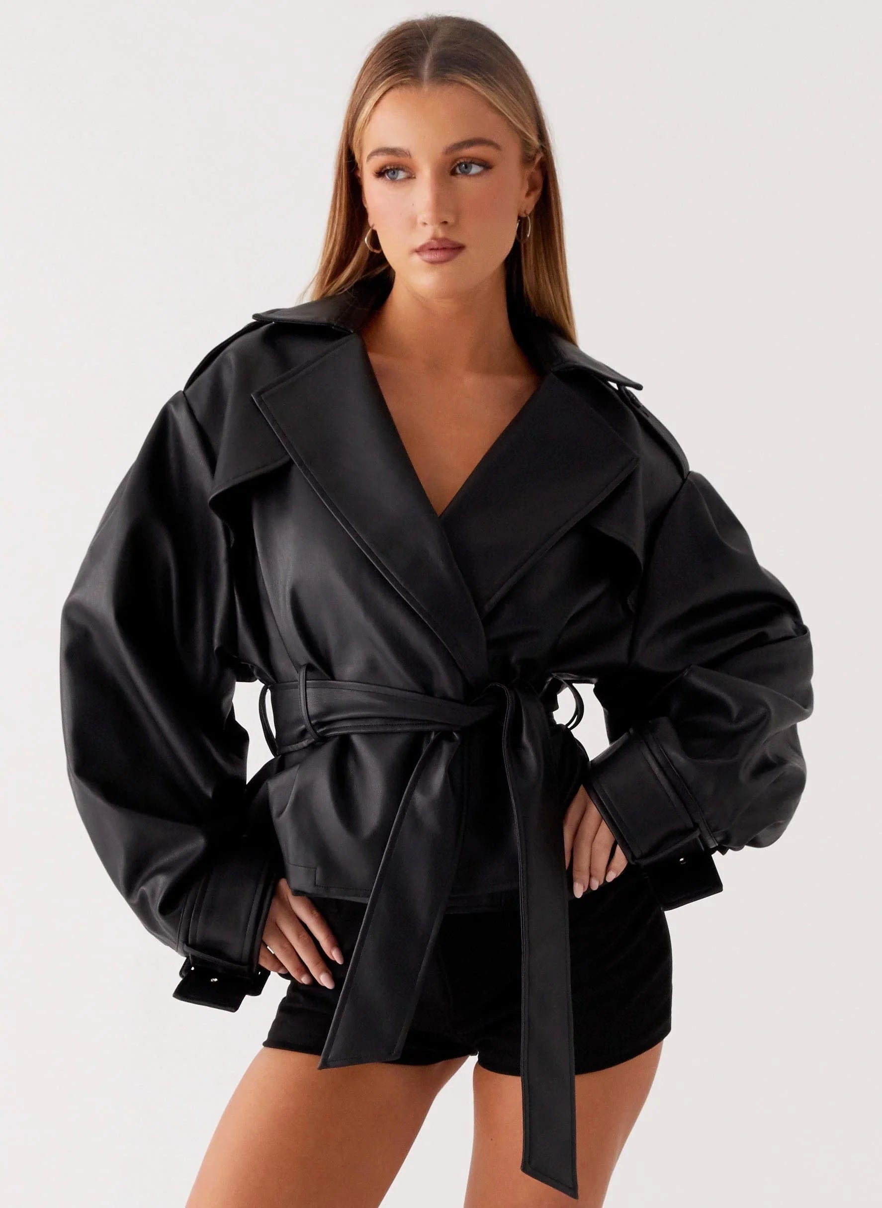 Midtown Faux Leather Trench Black