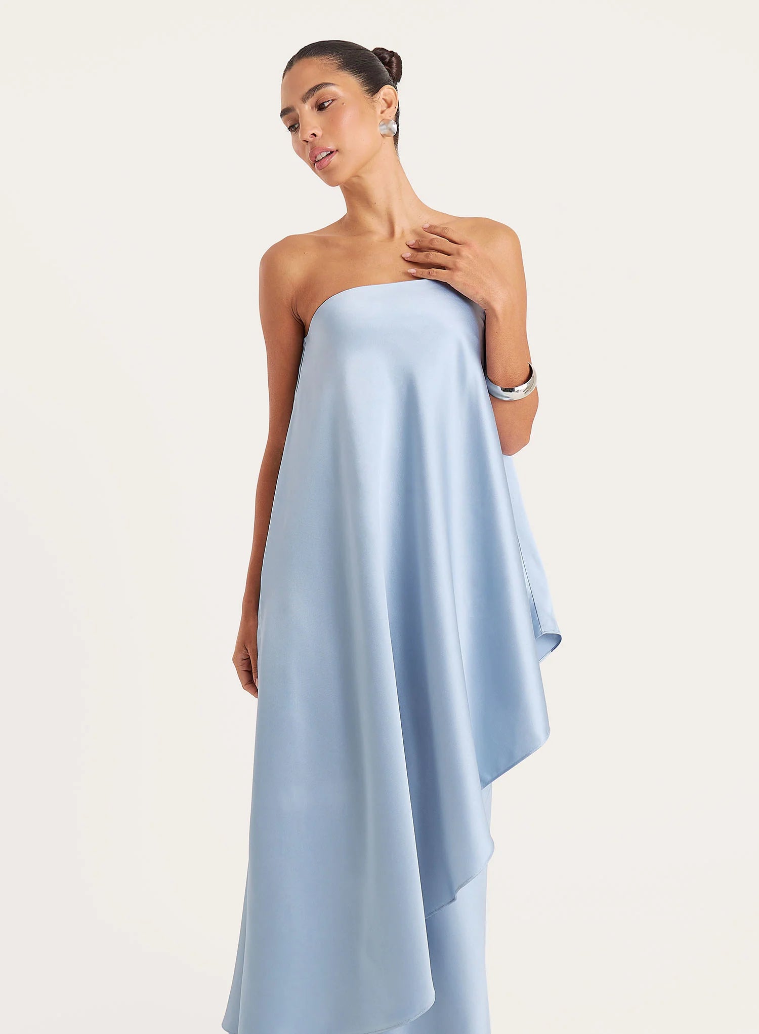 Blue Asymmetric Bandeau Satin Maxi Dress
