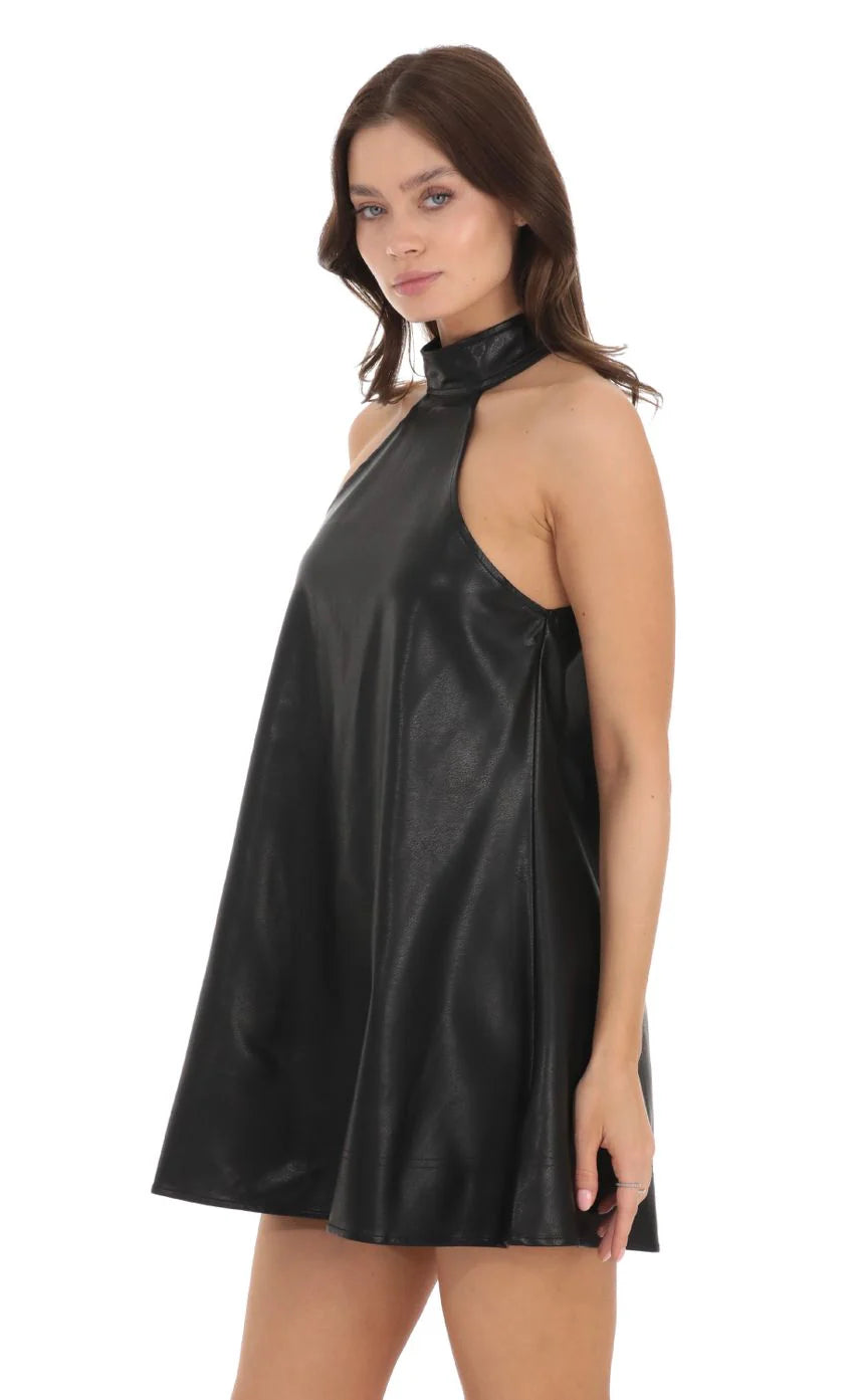 Faux Leather Shift Dress in Black
