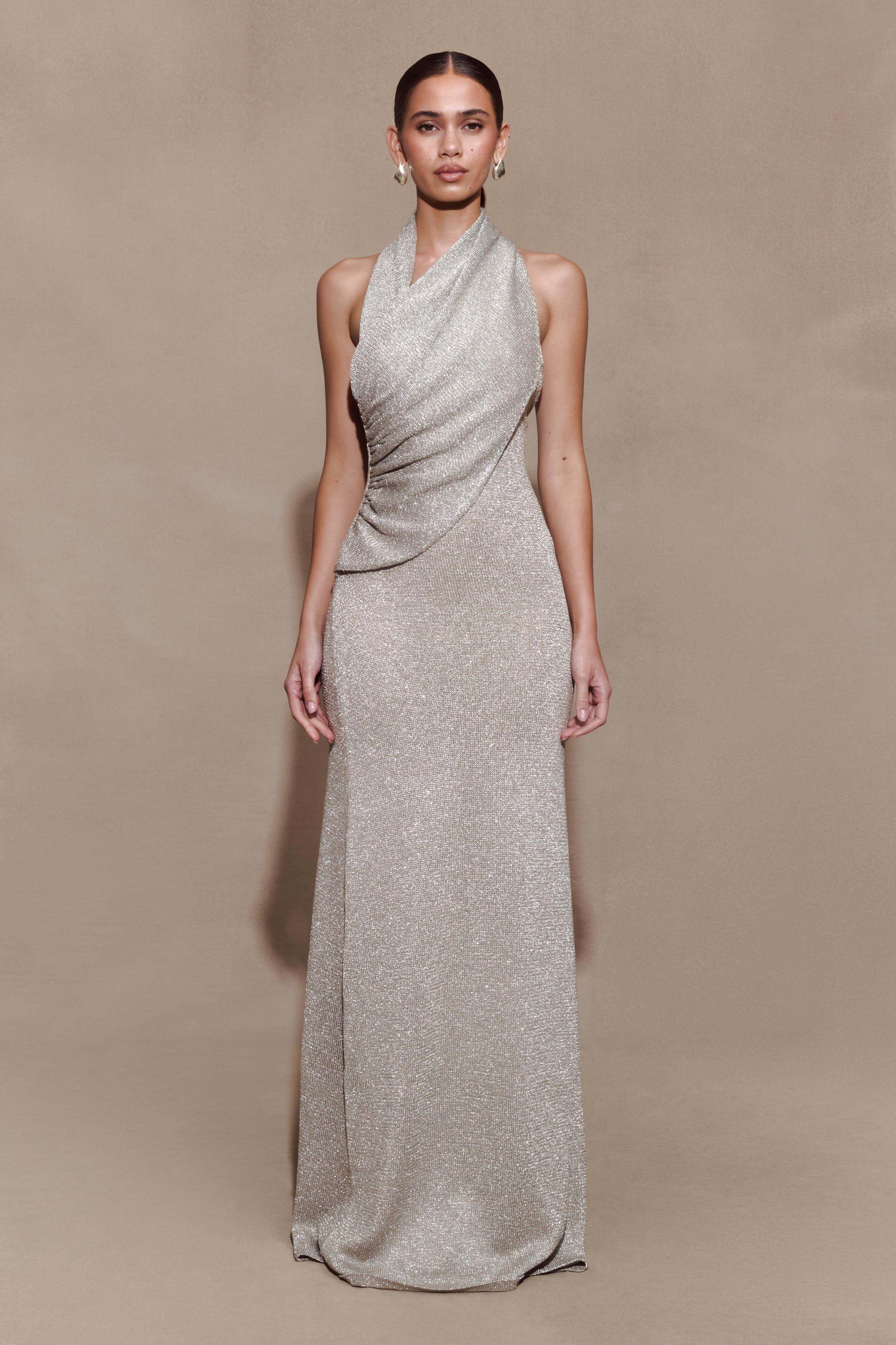 Elma Lurex Knit Halter Maxi Dress Silver