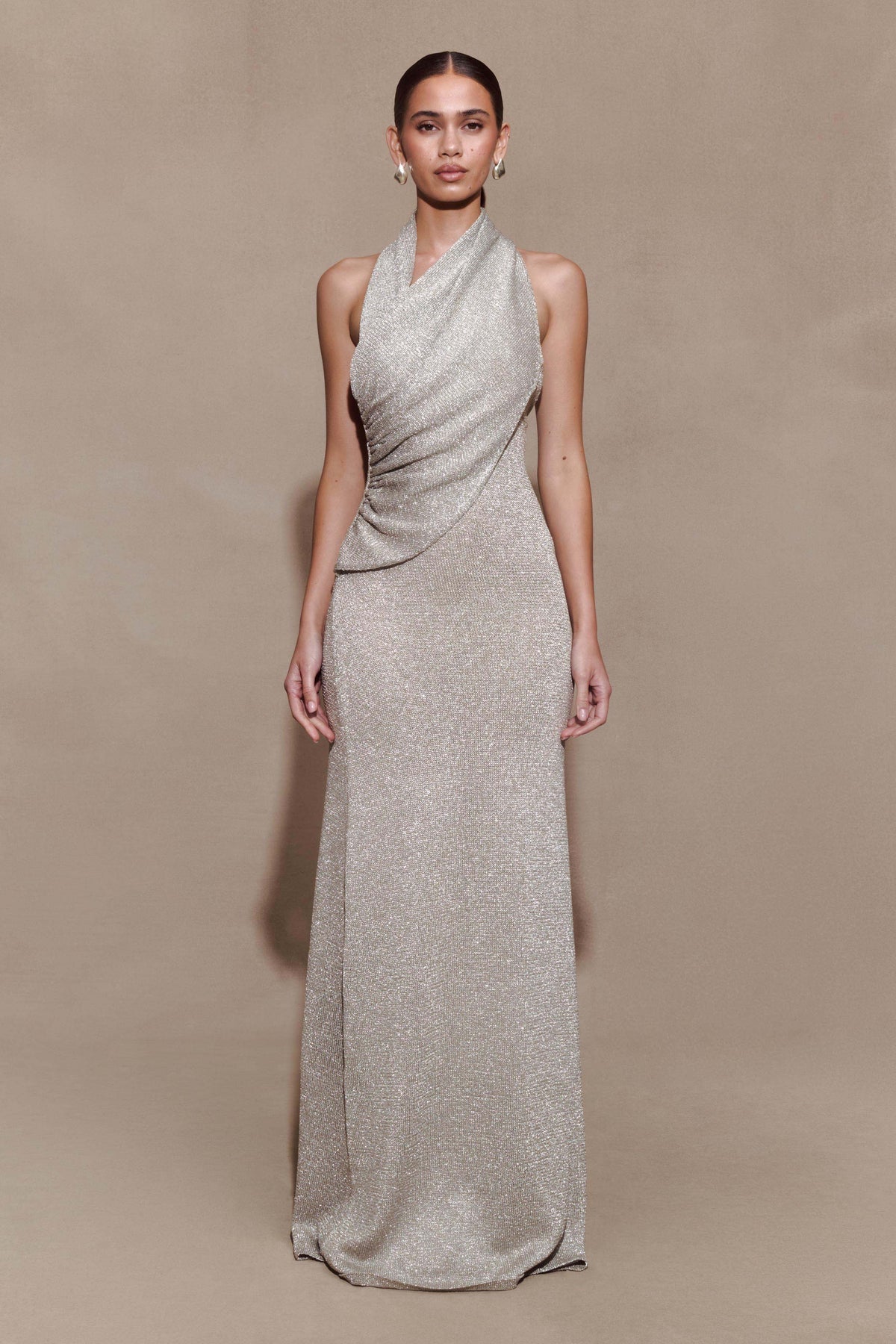 Elma Lurex Knit Halter Maxi Dress Silver