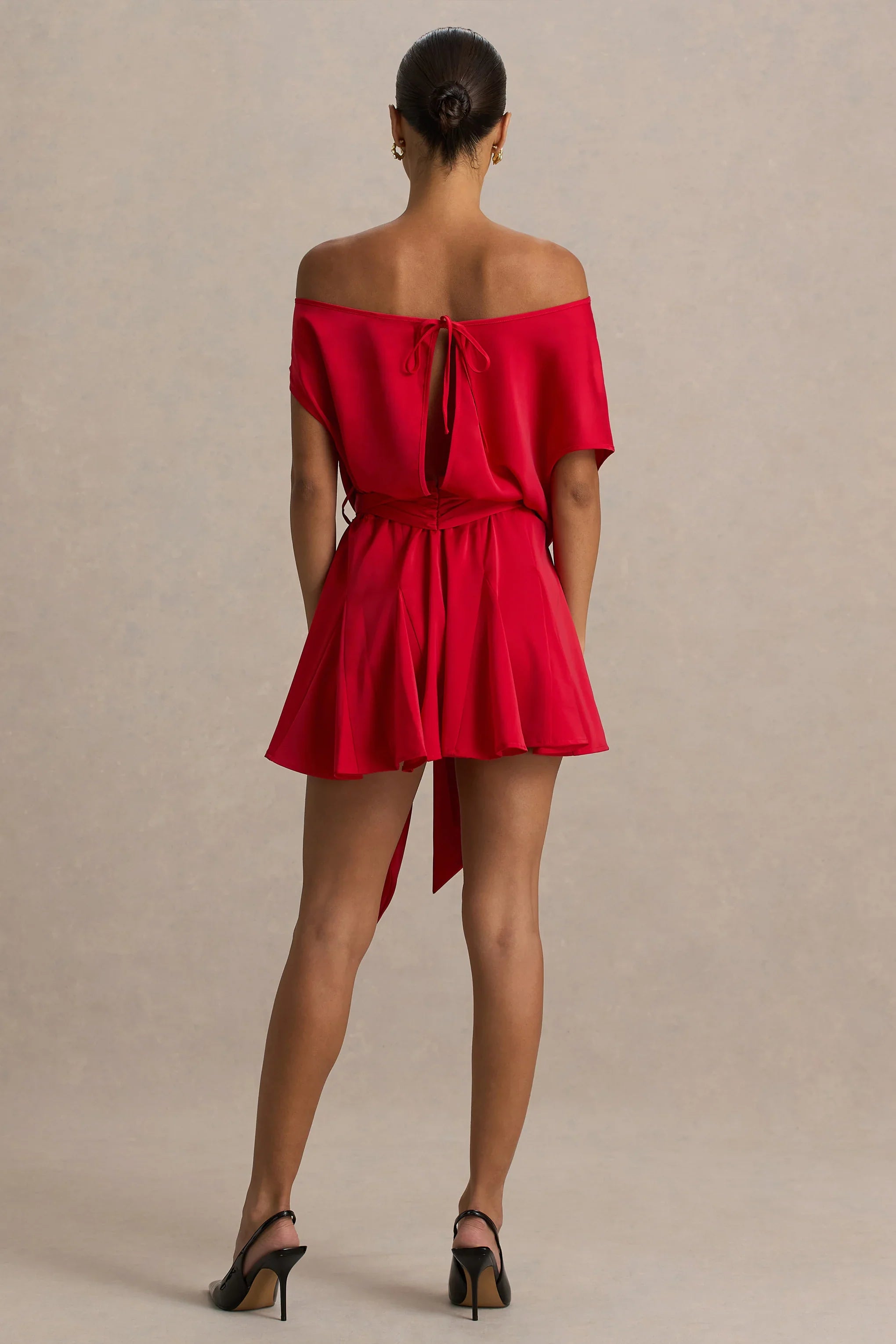 Clydie Red Satin Asymmetric Playsuit With Tie Waist