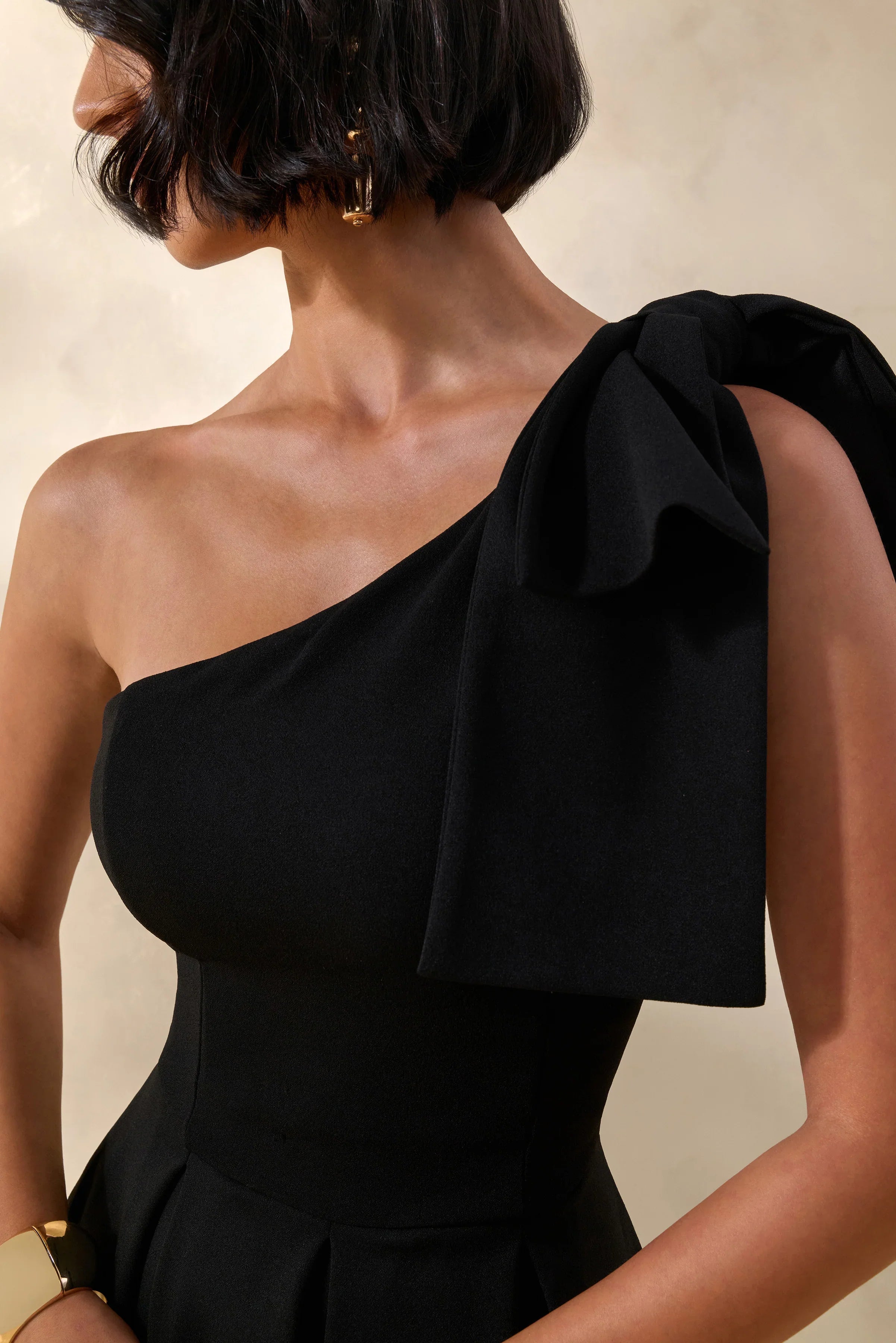 Meria Black Asymmetric Neck Midi Dress With Bow Sleeve