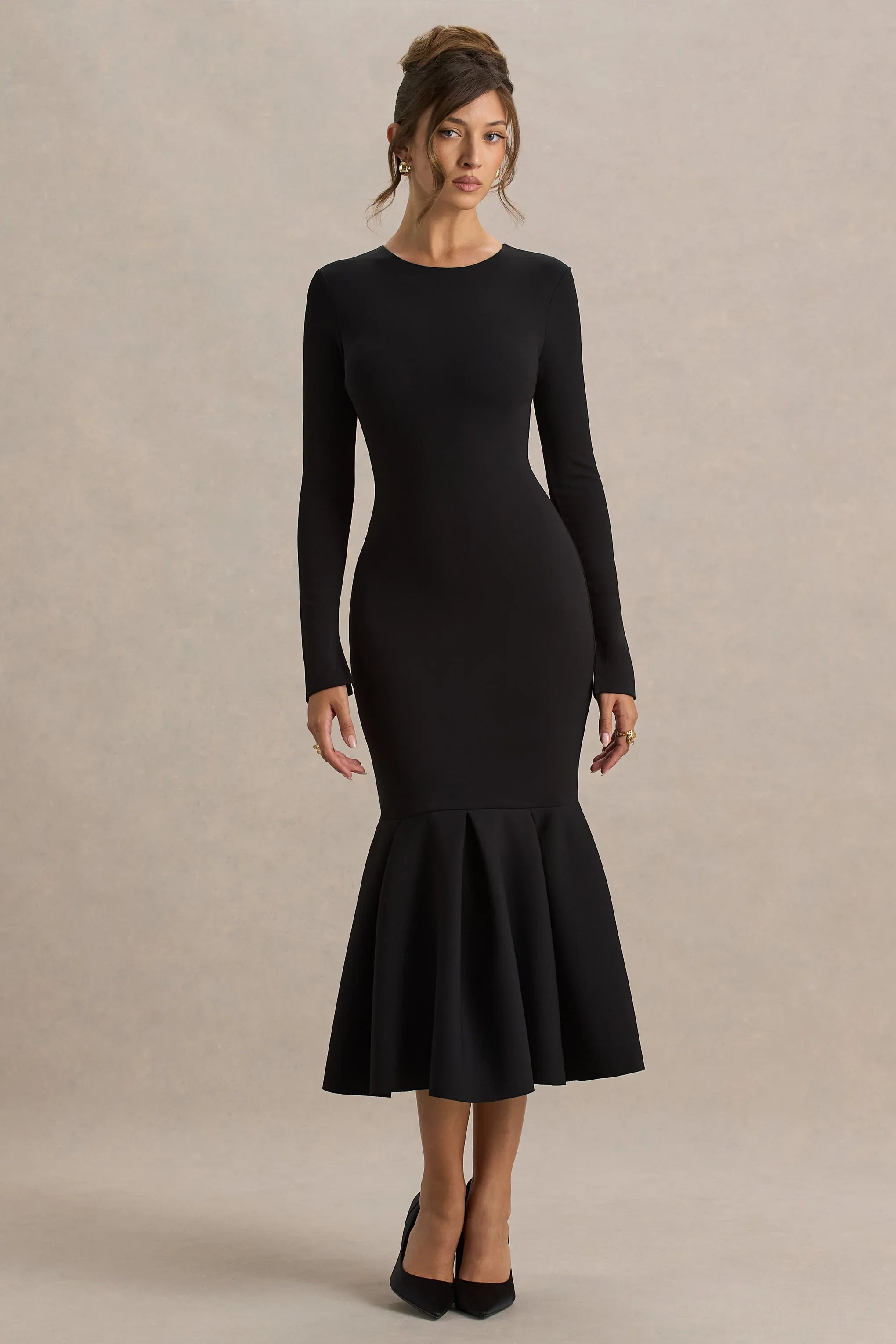 Liberty Black High Neck Mermaid Midi Dress With Ruffling Detail