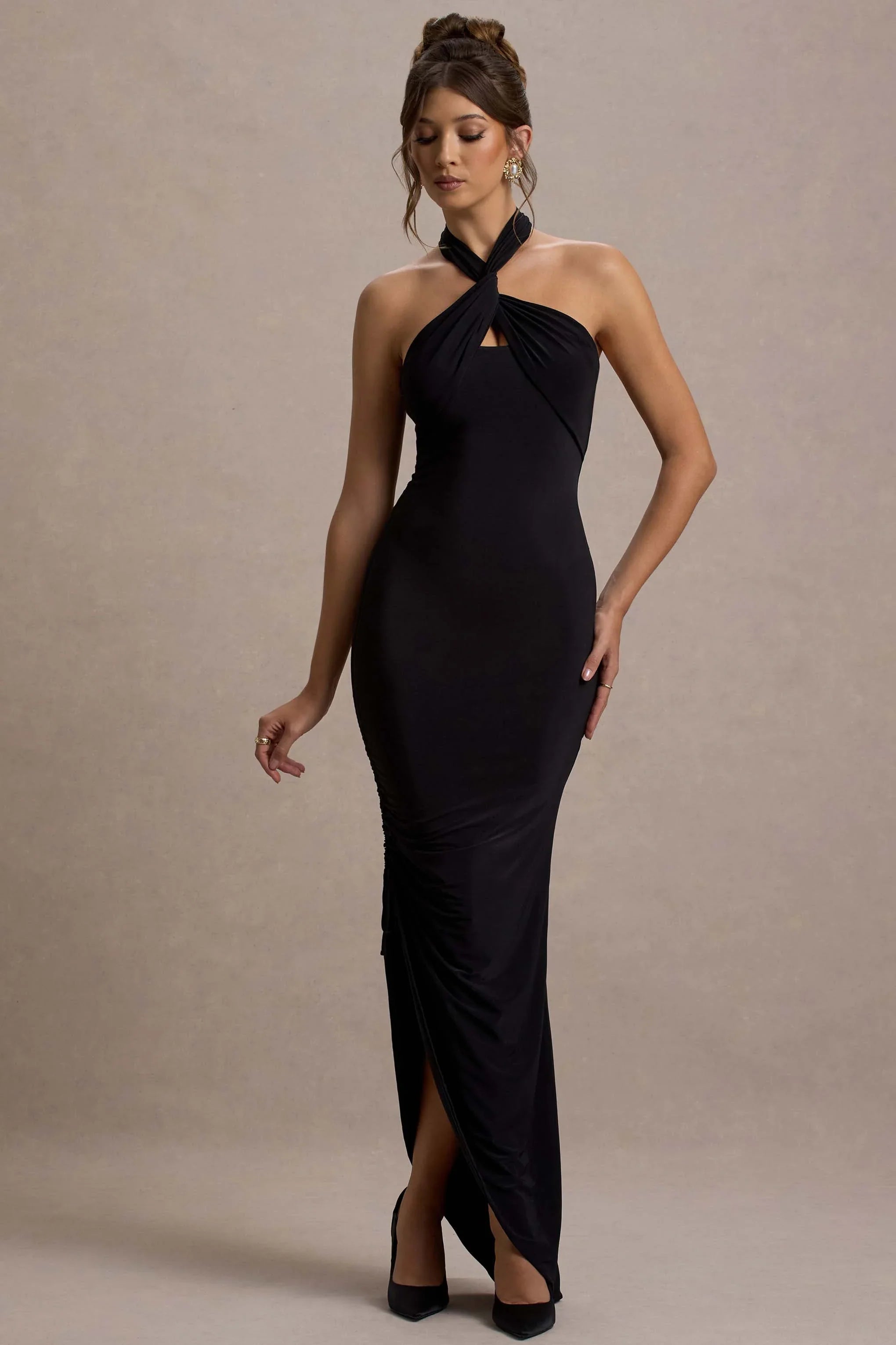 Jaiya Black Ruched Halter Neck Asymmetric Maxi Dress