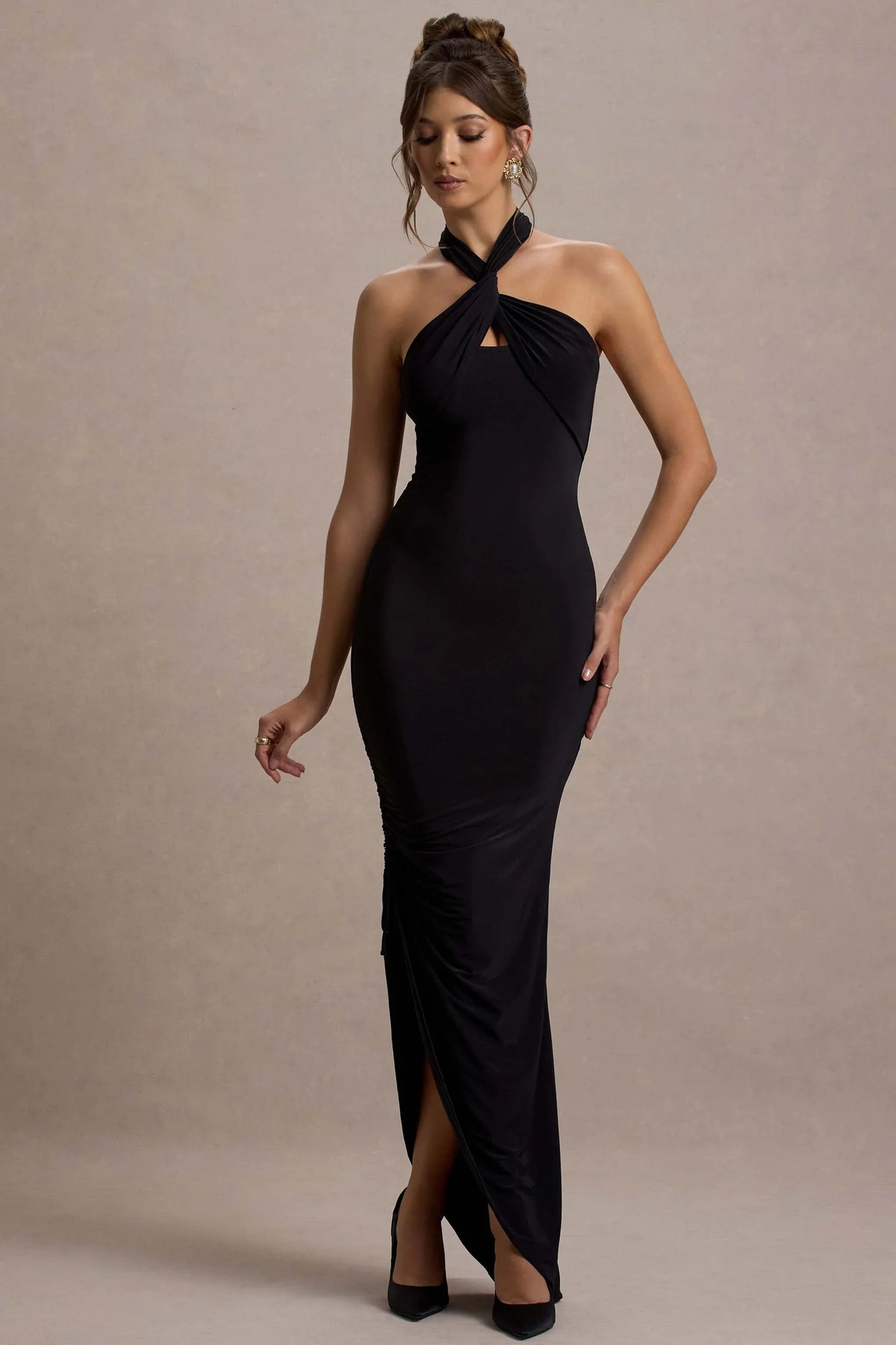 Jaiya Black Ruched Halter Neck Asymmetric Maxi Dress