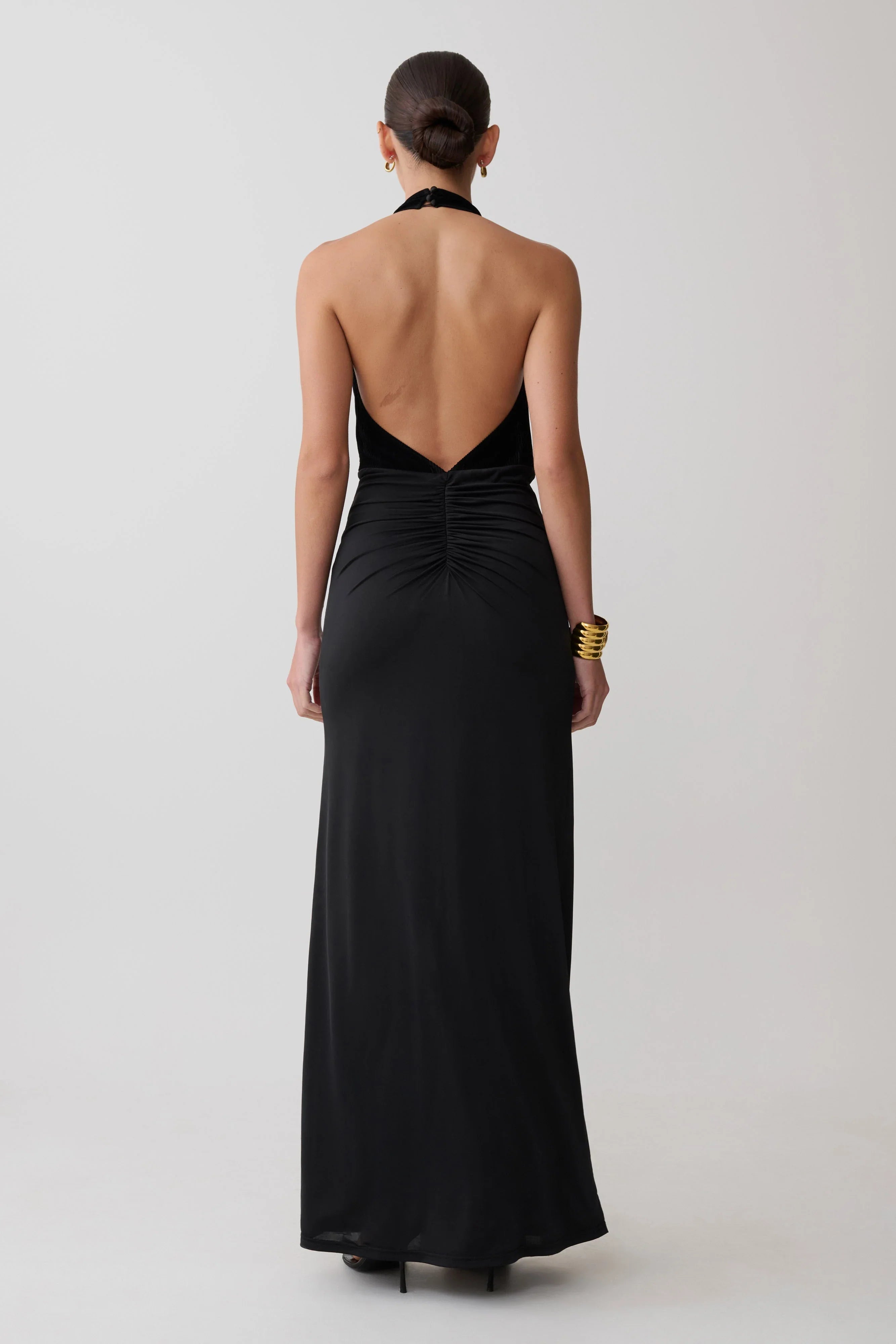 Lien Mesh Velvet Plunge Midi Dress Black