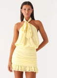 Saebi Tie Neck Mini Dress Lemon