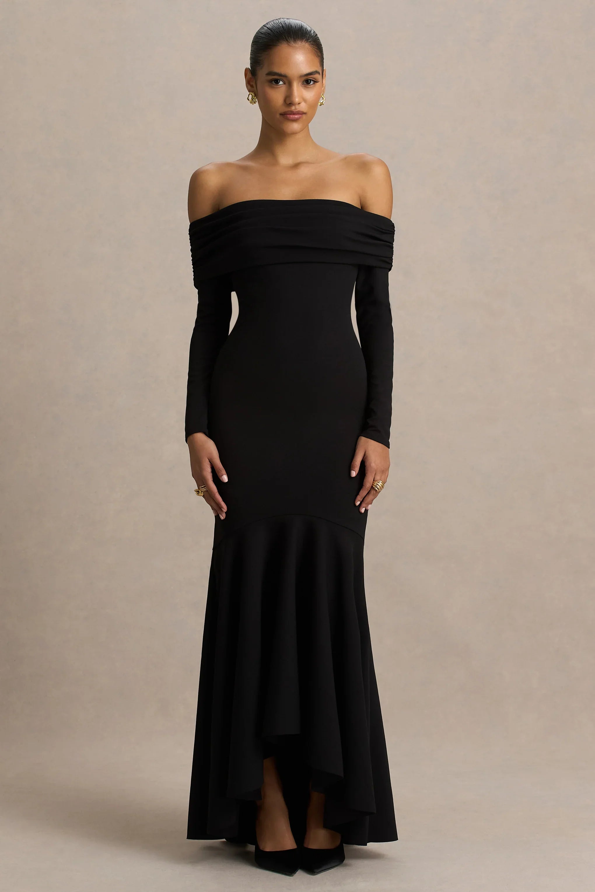 Everlasting Black Bardot Neck Maxi Dress With Pleated Detailing