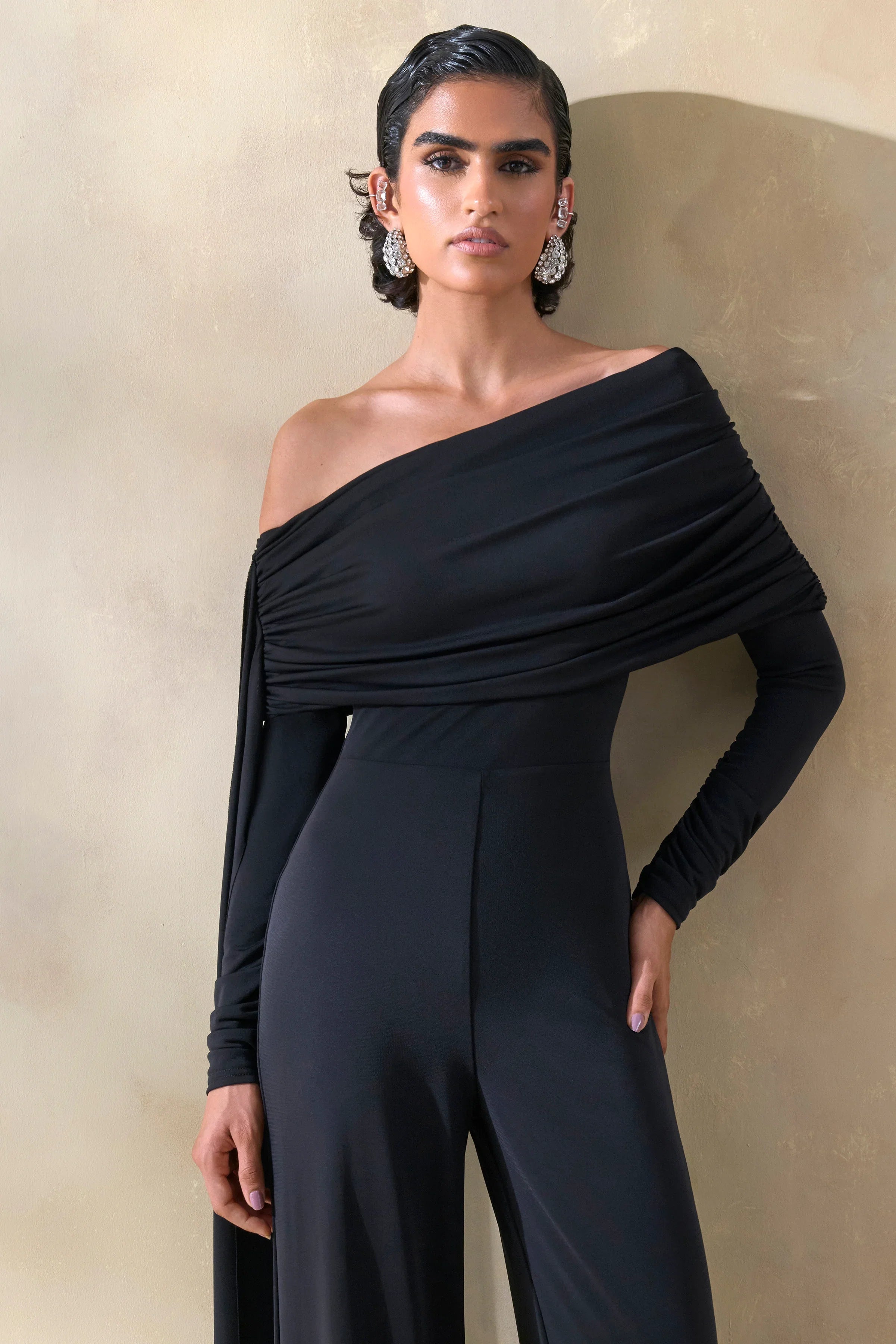Elova Black Bardot Neck Jumpsuit With Sash
