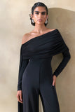 Elova Black Bardot Neck Jumpsuit With Sash