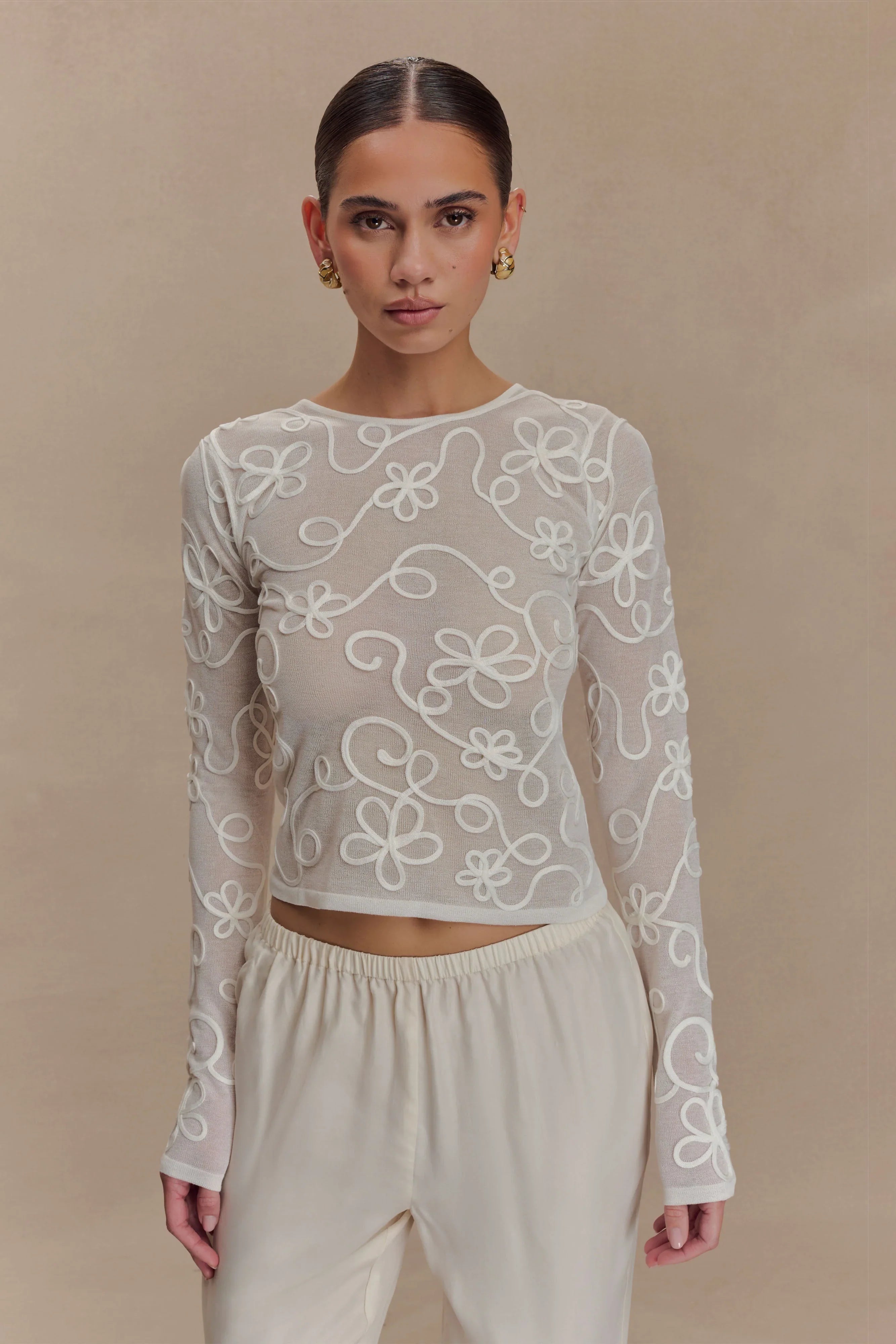 Omari Embroidery Long Sleeve Knit Top Ivory