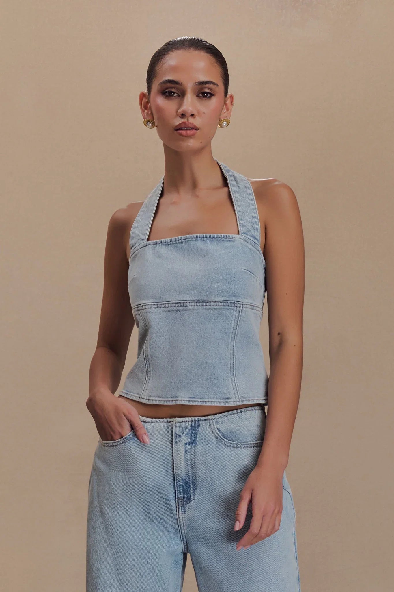 Dayna Denim Halter Top Light Blue