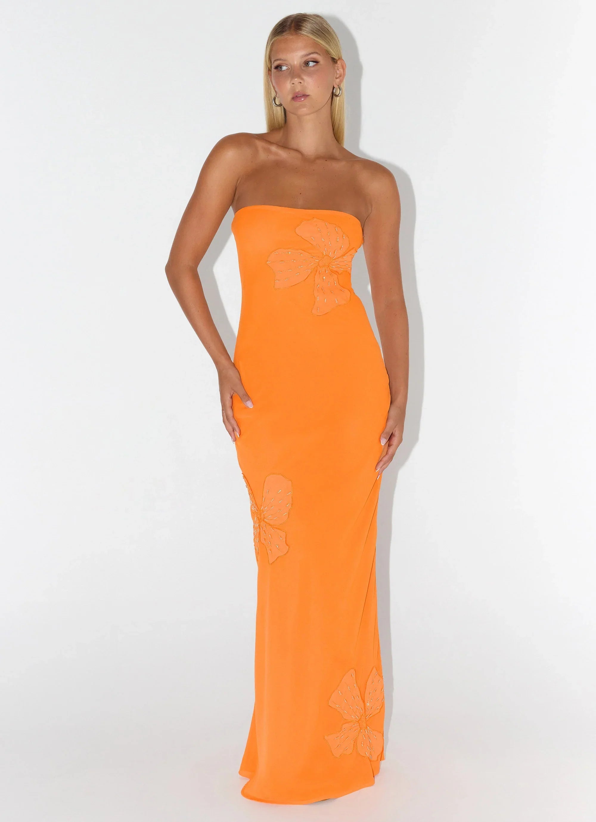 Sassafras Beaded Flower Strapless Maxi Dress Orange