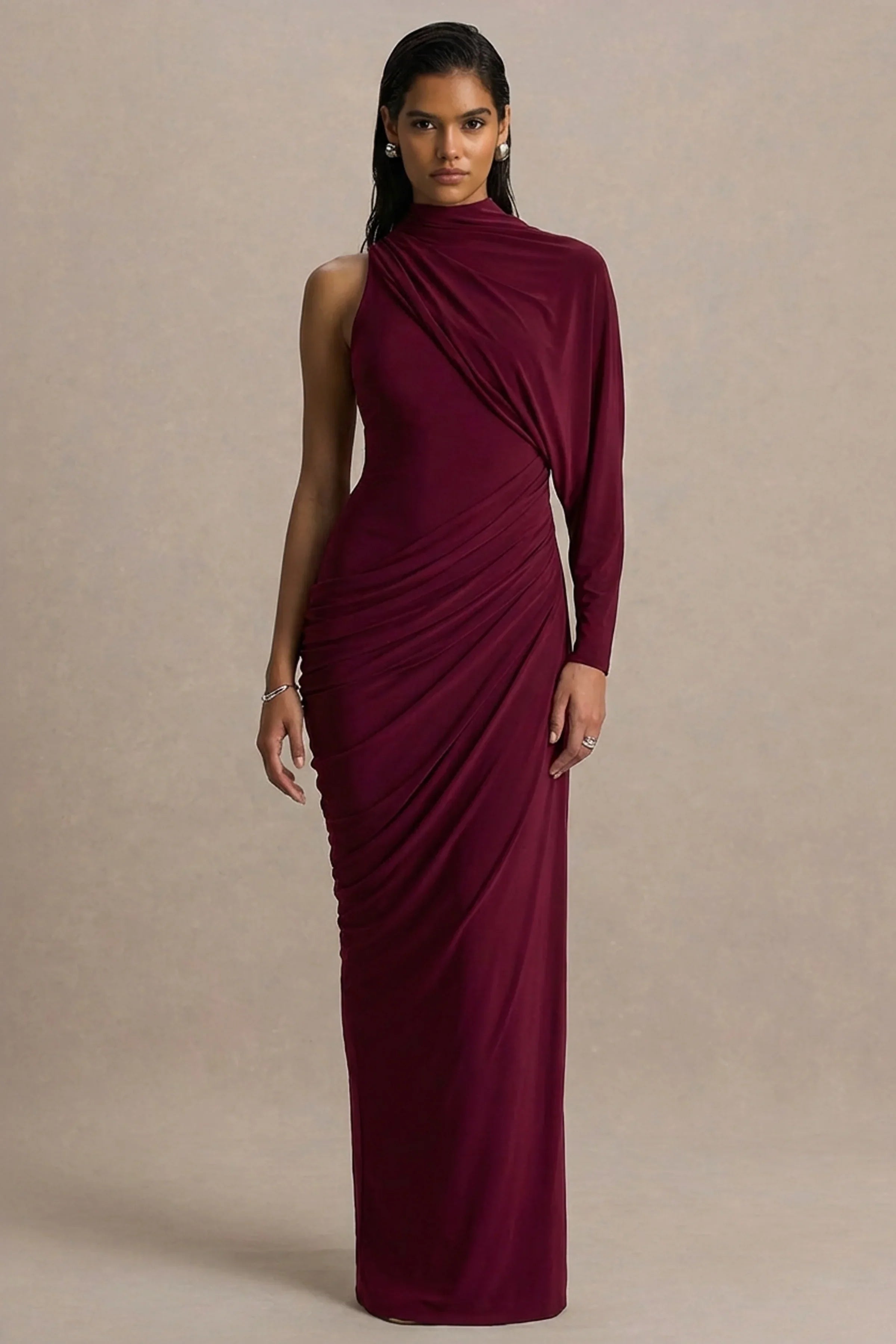 Aphra Burgundy High Neck Maxi Dress With Cape Sleeve
