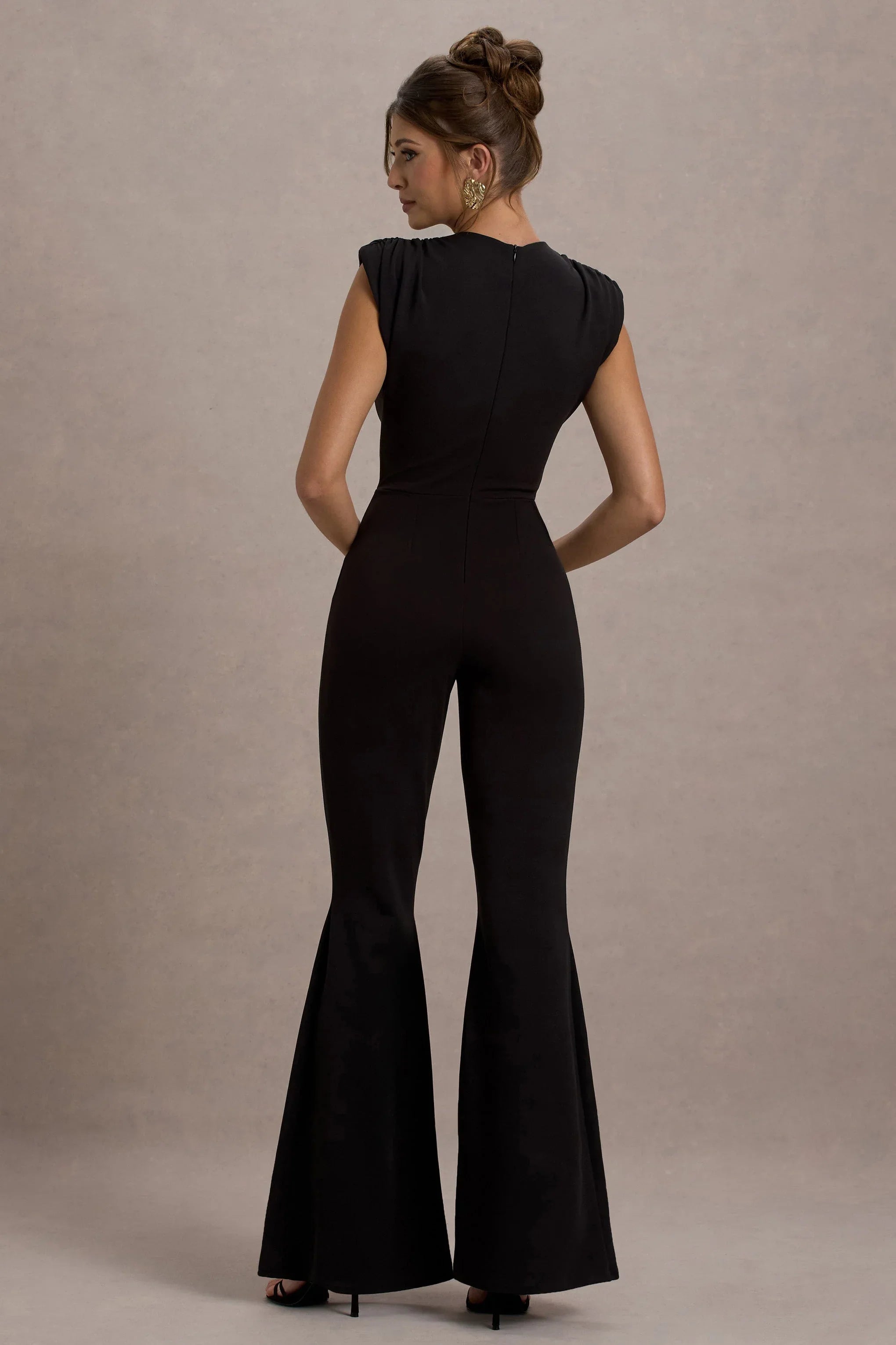 Elyna Black High Neck Draped Flared Leg Jumpsuit
