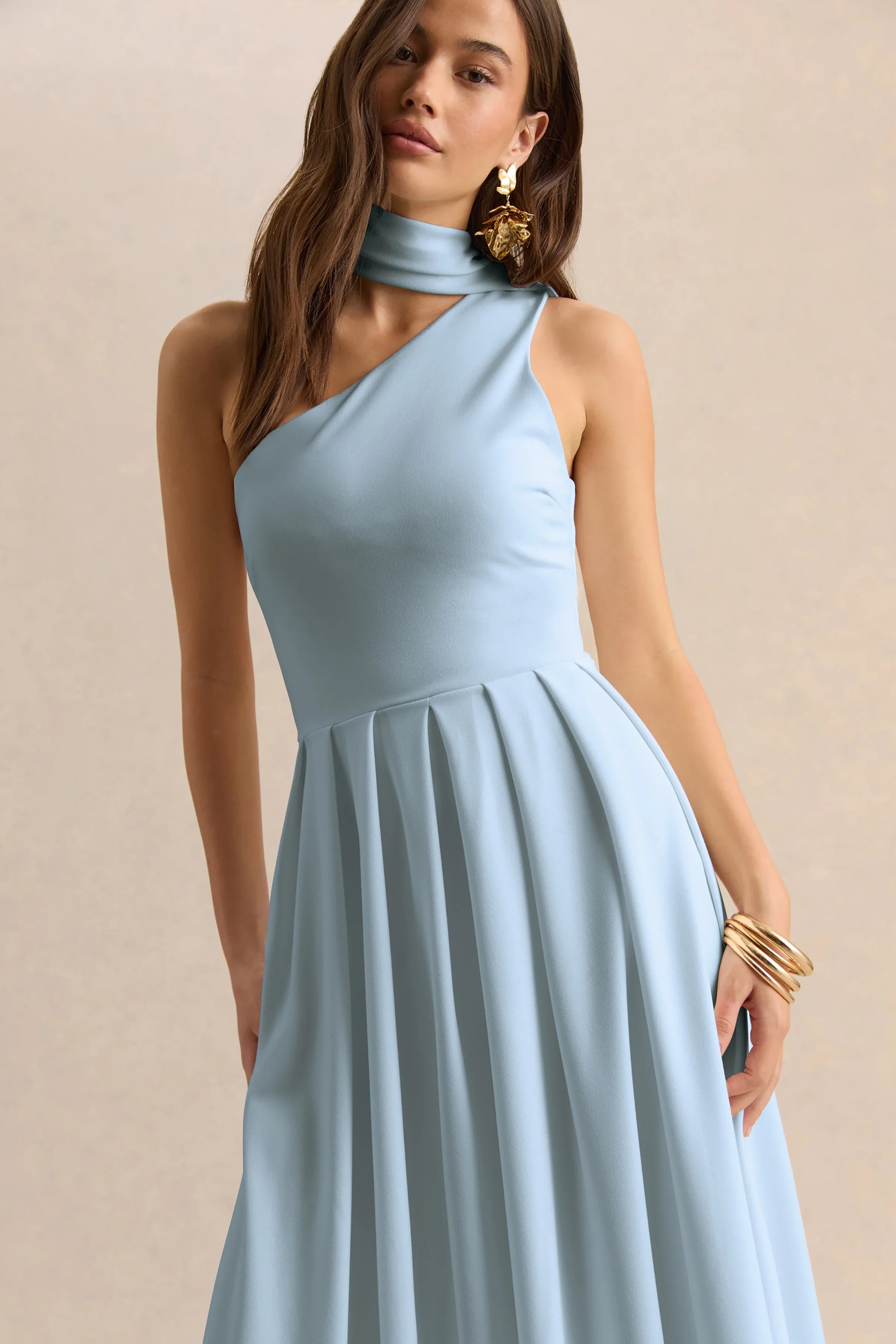 Odette Powder Blue Asymmetric Neck Midi Dress With Scarf