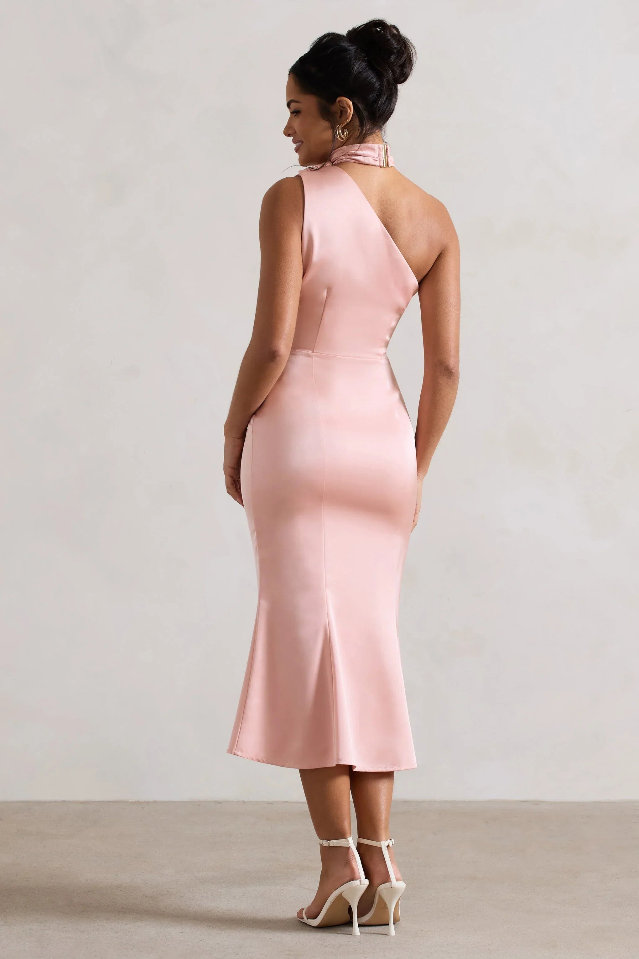 Golden Girl Blush Pink Satin One Shoulder High Neck Flared Midi Dress