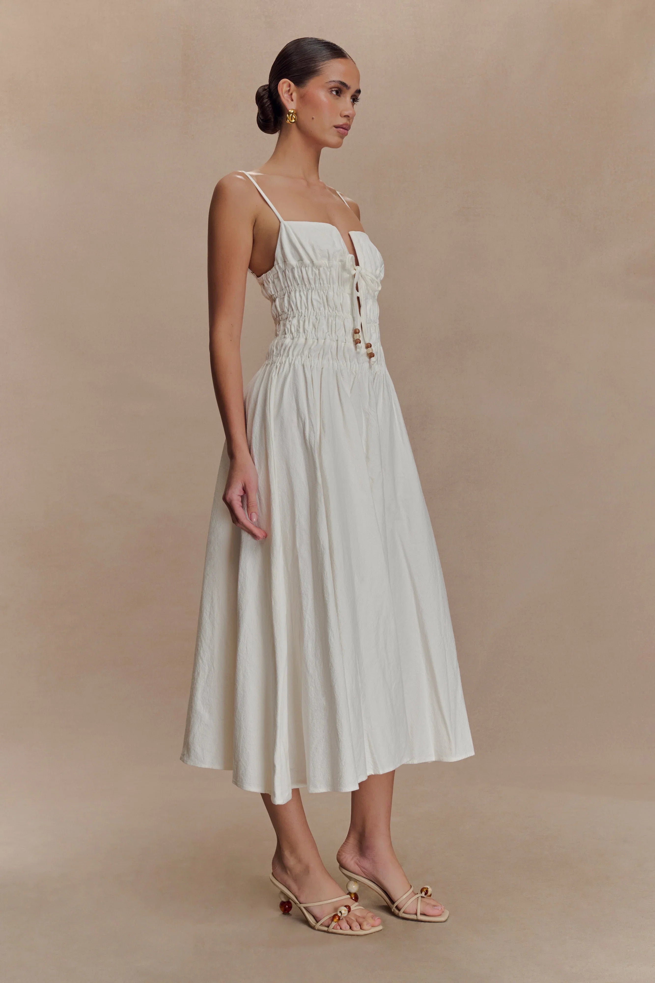 Elias Shirred Cotton Midi Dress White