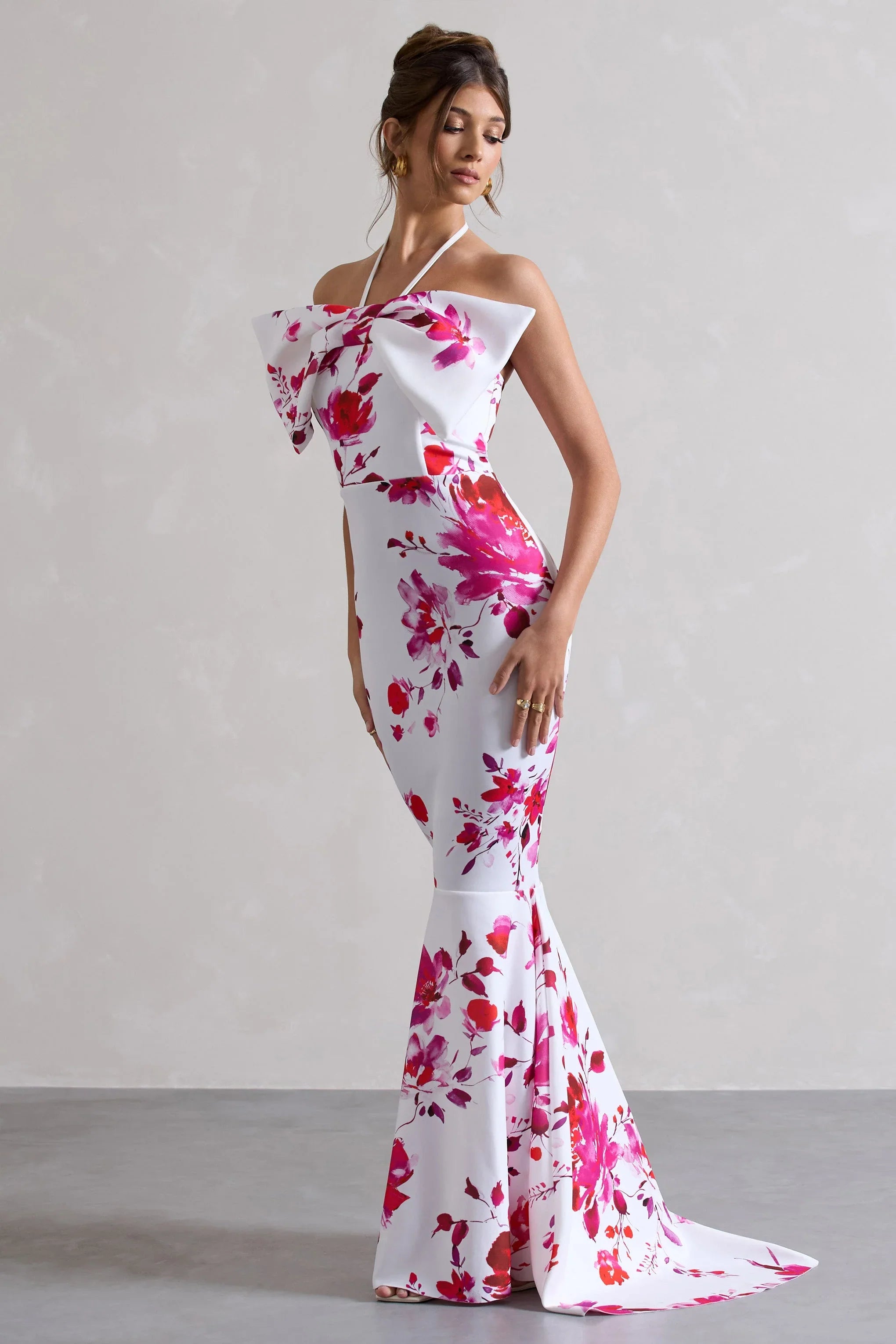 Sakura Pink Floral Print Halter Neck Fishtail Maxi Dress With Bow