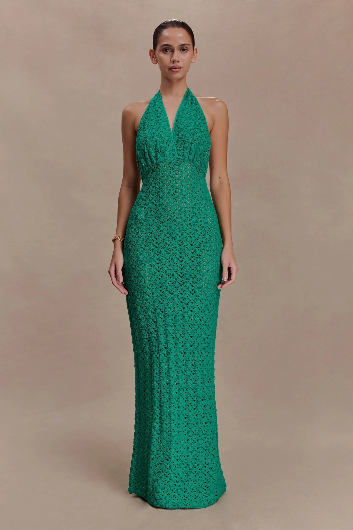 Deeliah Halterneck Crochet Maxi Dress Emerald