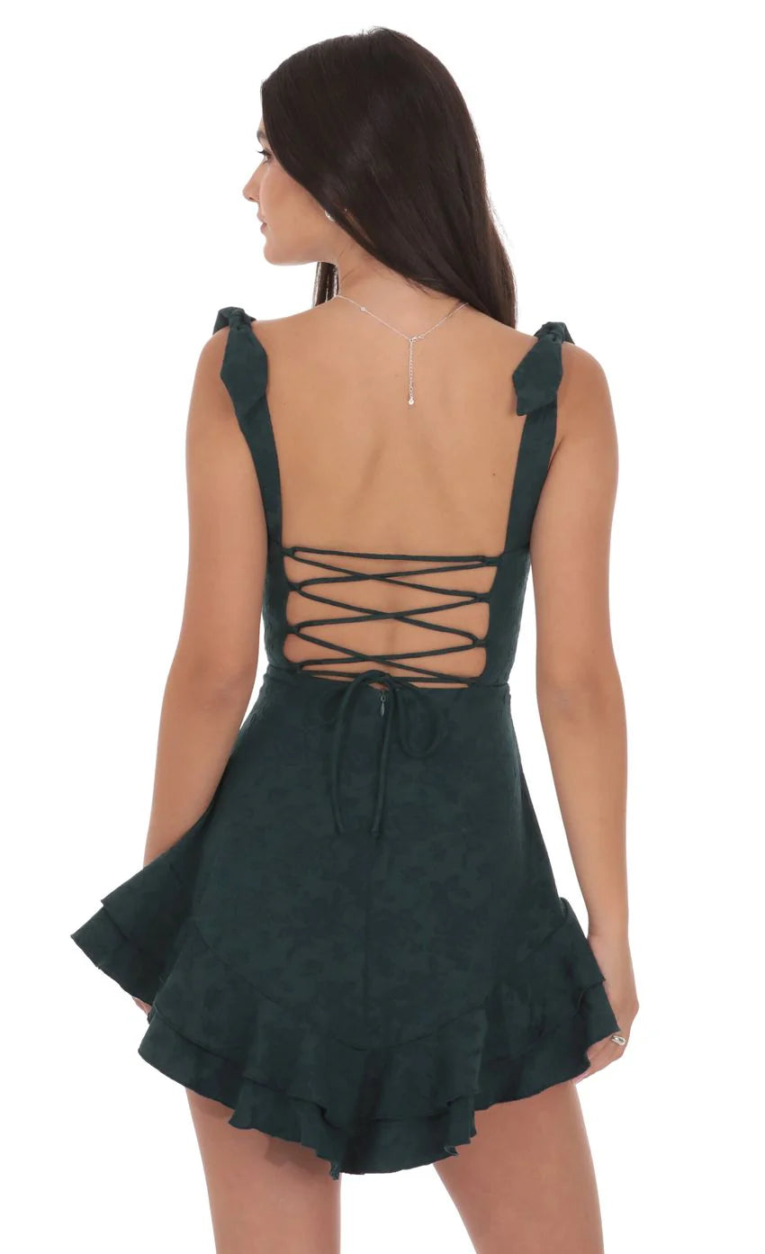 Floral Jacquard Ruffle A line Dress in Forest Green