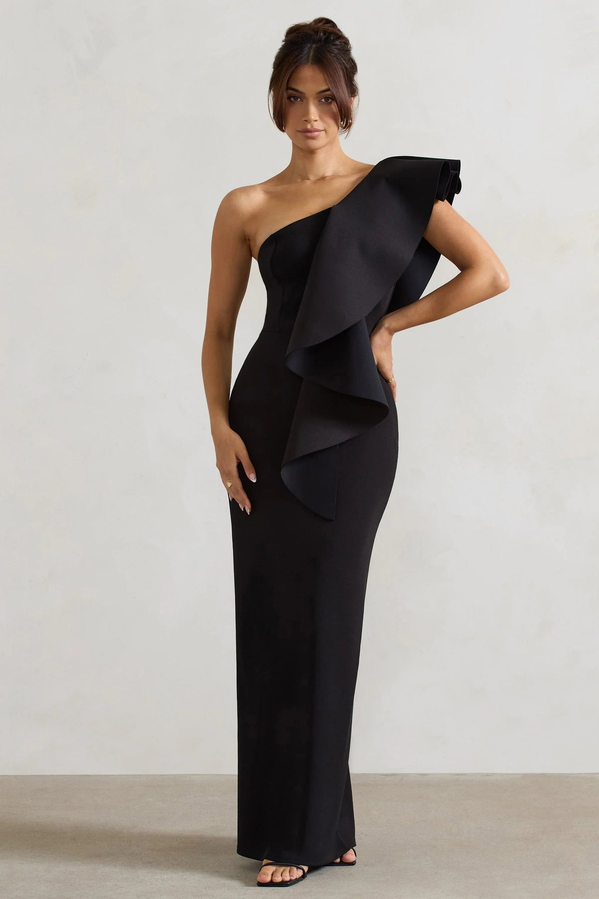 Timeless Love Black Asymmetric Draped Ruffle Maxi Dress