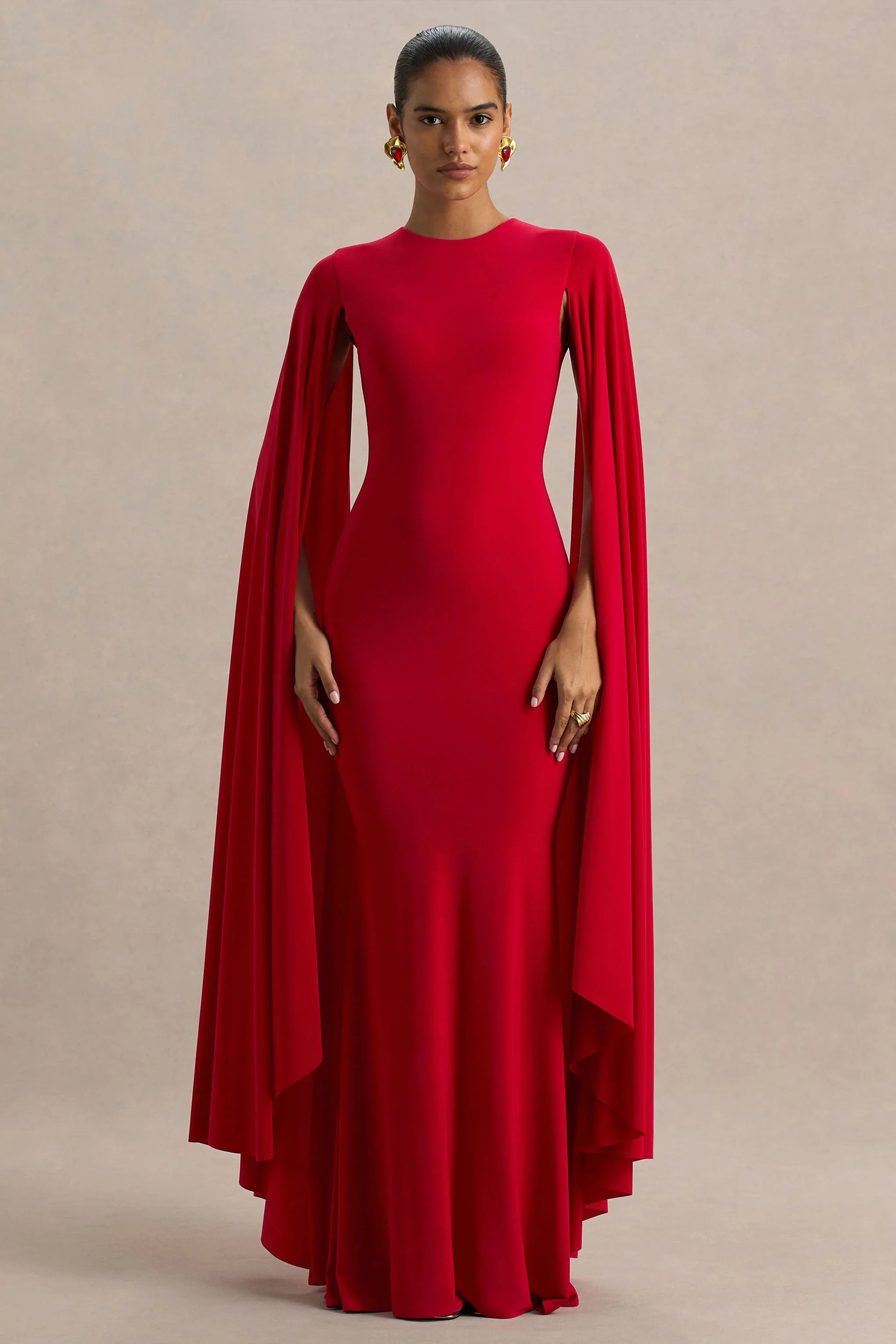Briony Red Crew Neck Maxi Dress With Cape Sleeves