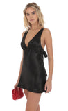 Satin V Neck Open back Dress in Black