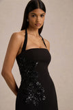 Lillian Black Halter Neck Mini Dress With Embellished Detailing