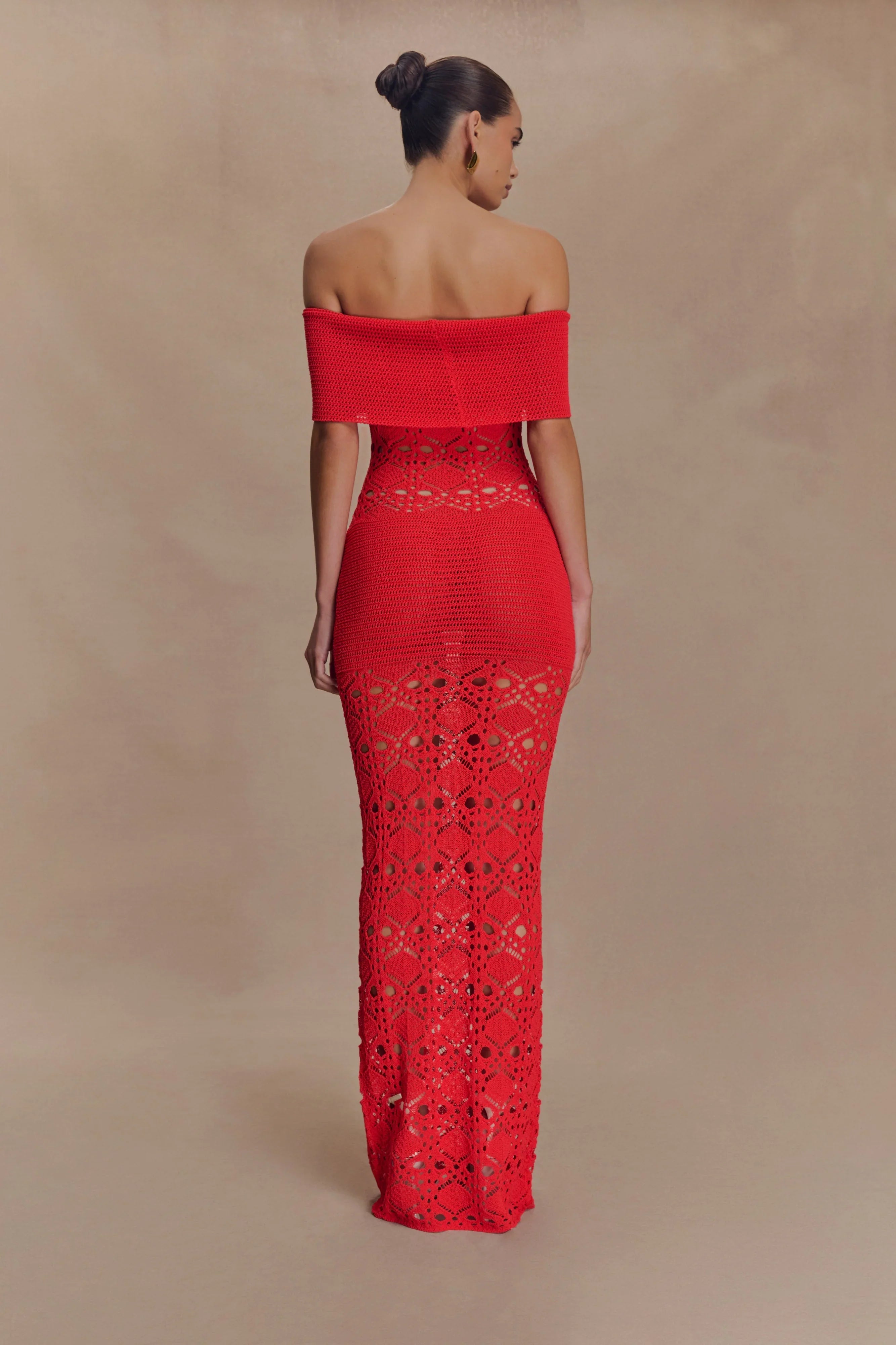 Solstice Off Shoulder Crochet Knit Maxi Dress Blood Orange