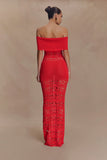 Solstice Off Shoulder Crochet Knit Maxi Dress Blood Orange
