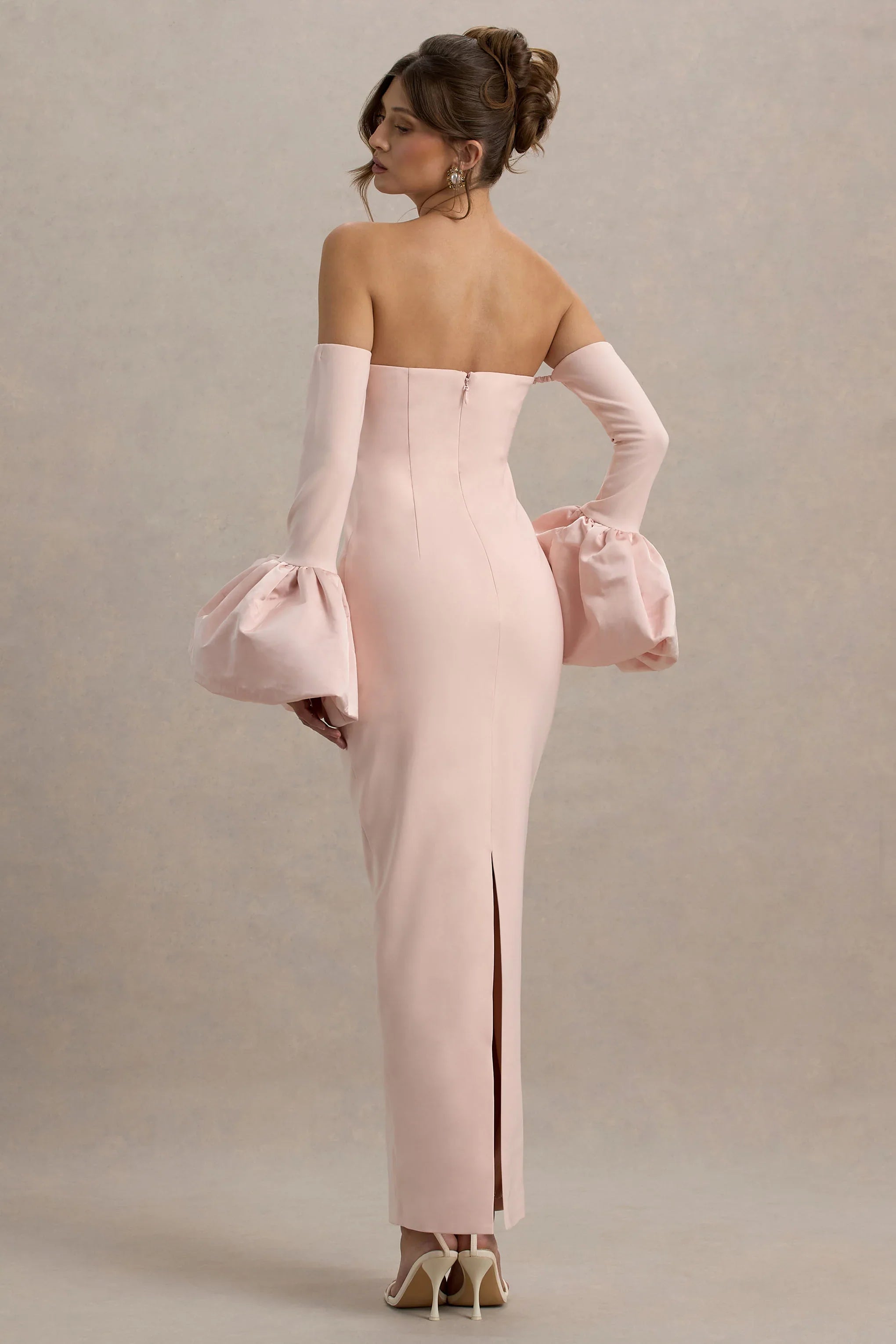 Myah Pink Bandeau Long Sleeve Maxi Dress With Puff Cuffs