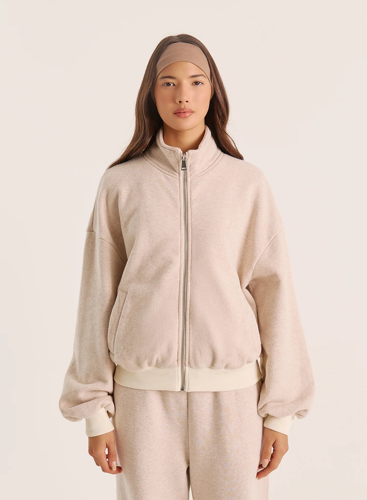 Oatmeal Logo Detail Ribbed Cuff Zip Sweatshirt