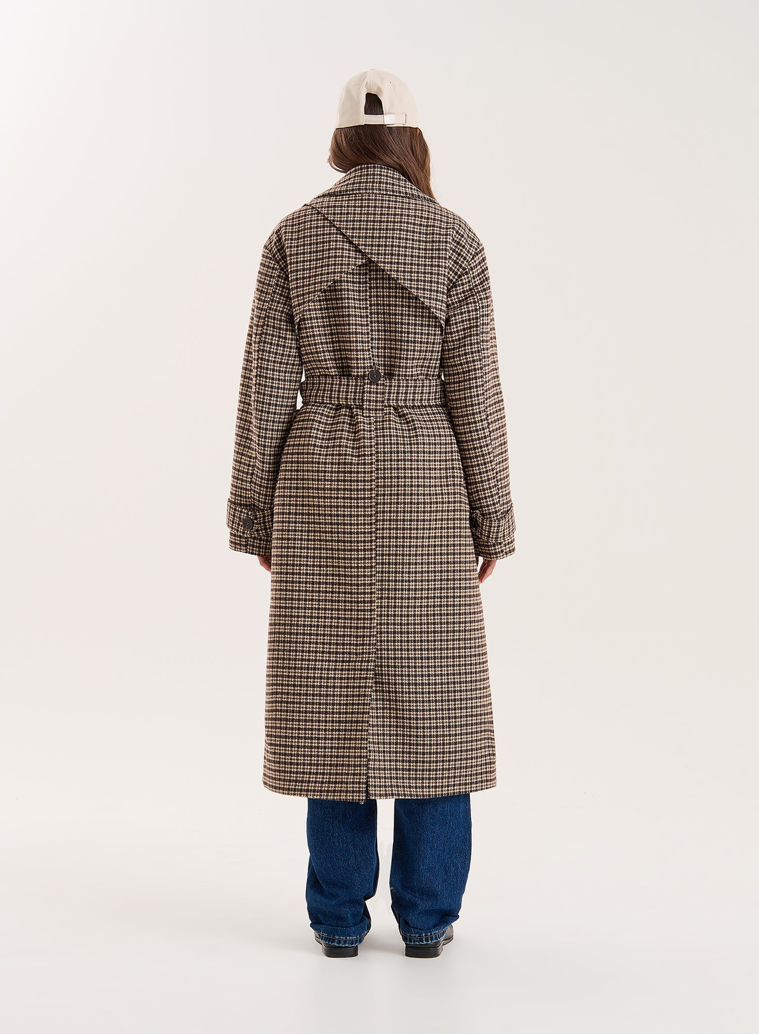 Brown Checked Belted Wool Blend Trench Coat