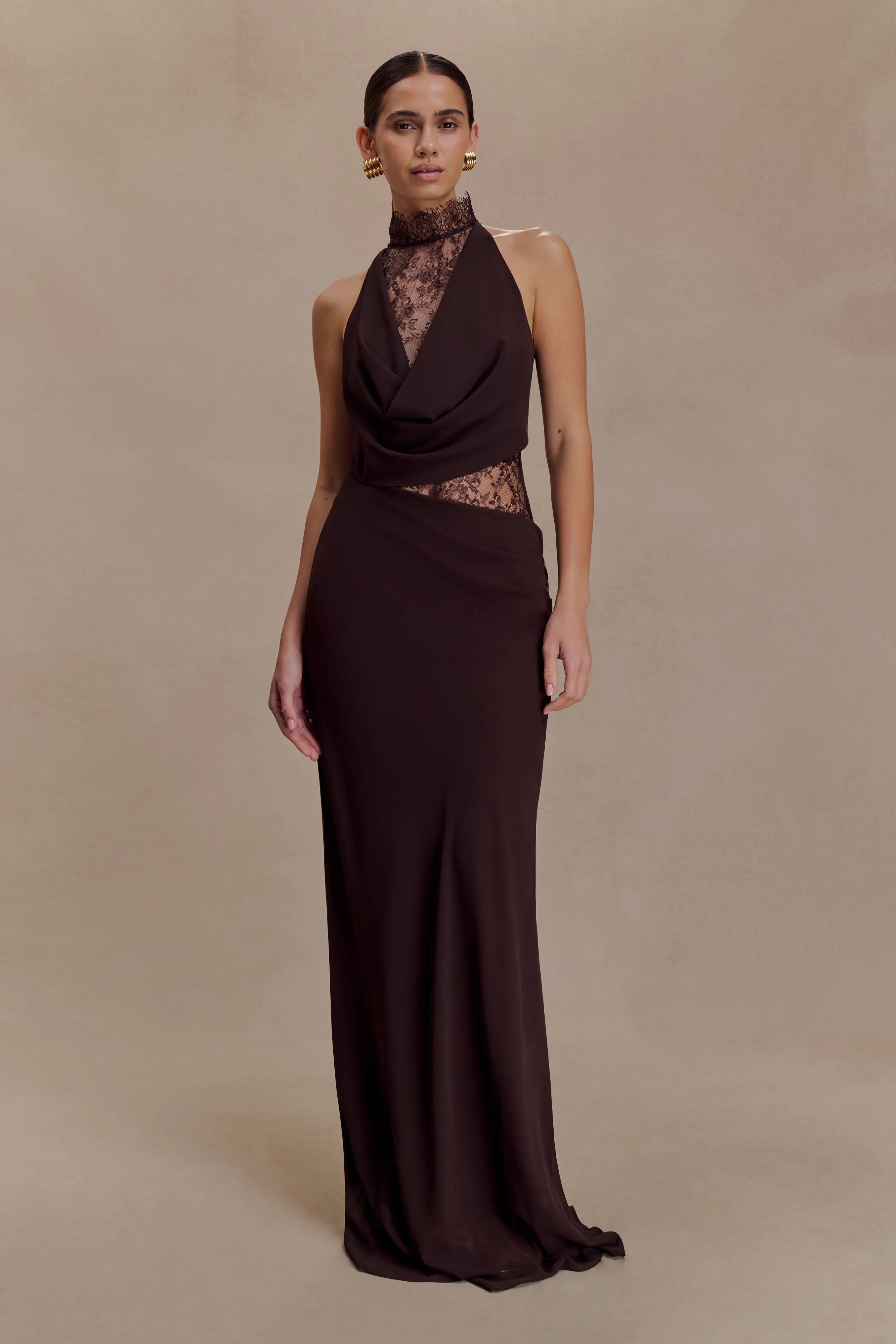 Arra Chiffon And Lace Halter Maxi Dress Cacao Brown