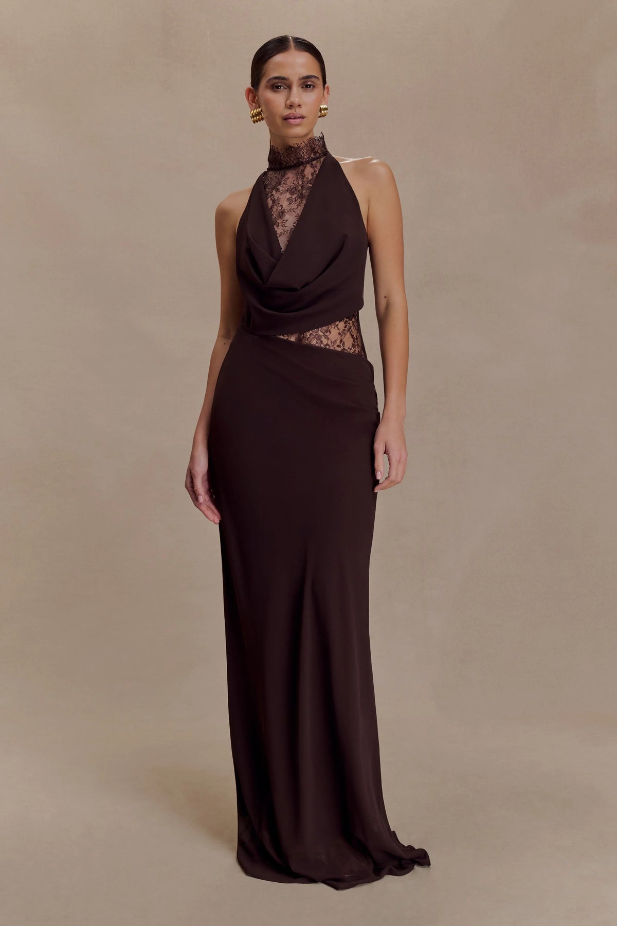 Arra Chiffon And Lace Halter Maxi Dress Cacao Brown