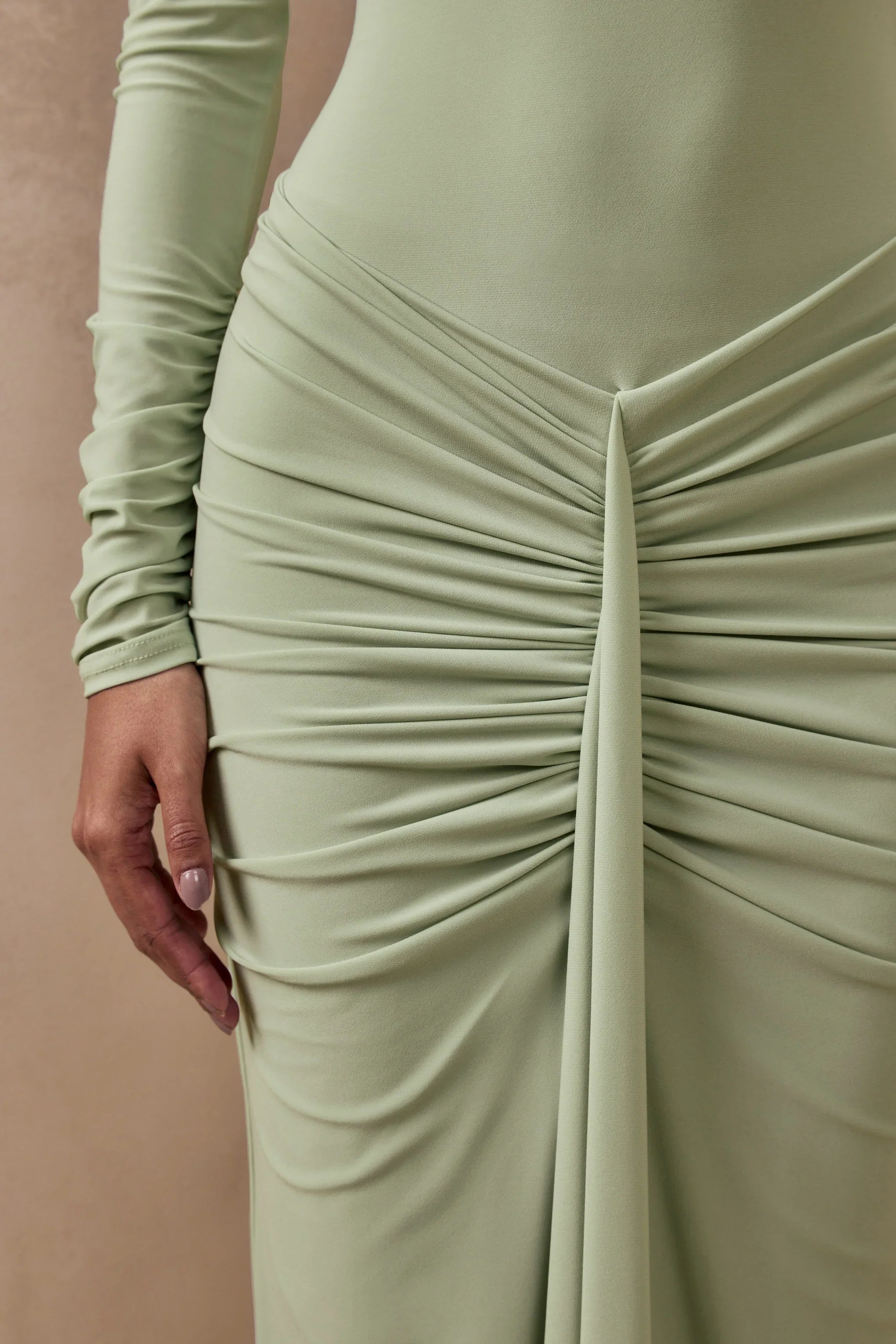 Matilda Light Green Boat Neck Maxi Dress With Ruched Detailing