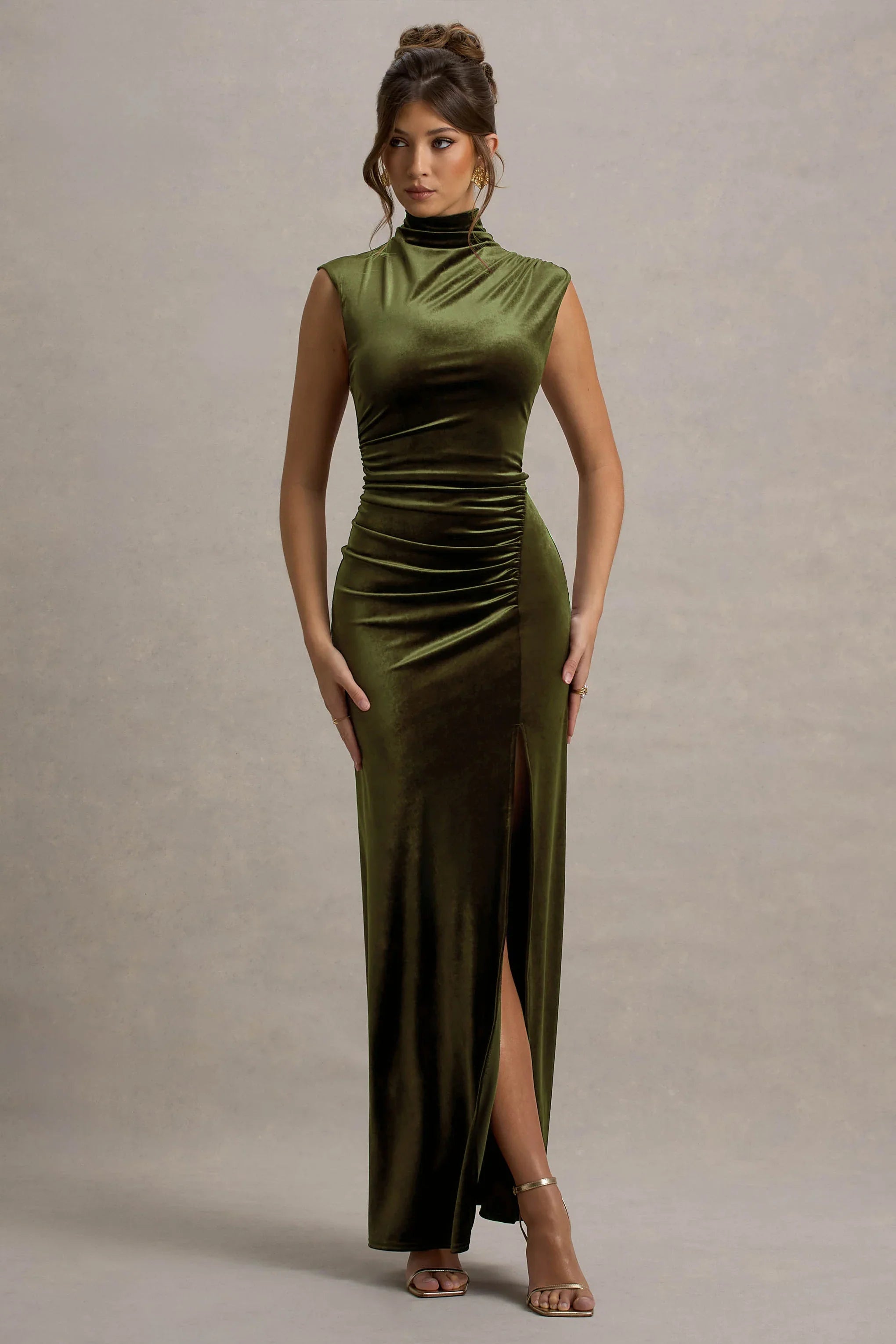 Abilene Olive Velvet High Neck Split Maxi Dress