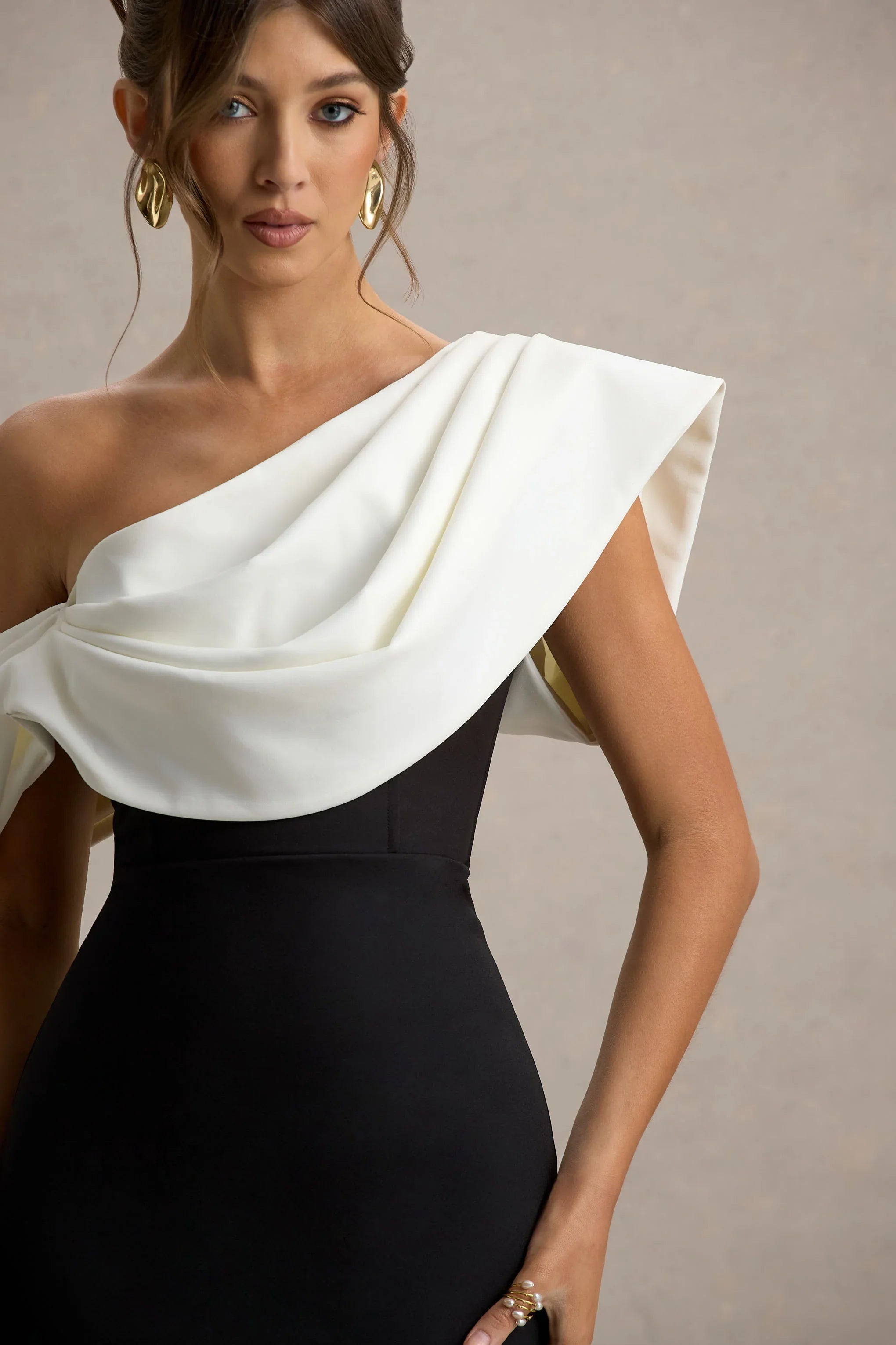 Angelina Black White Draped Shoulder Maxi Dress