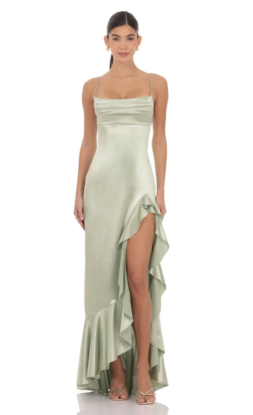 Satin Ruffle Maxi Dress in Sage